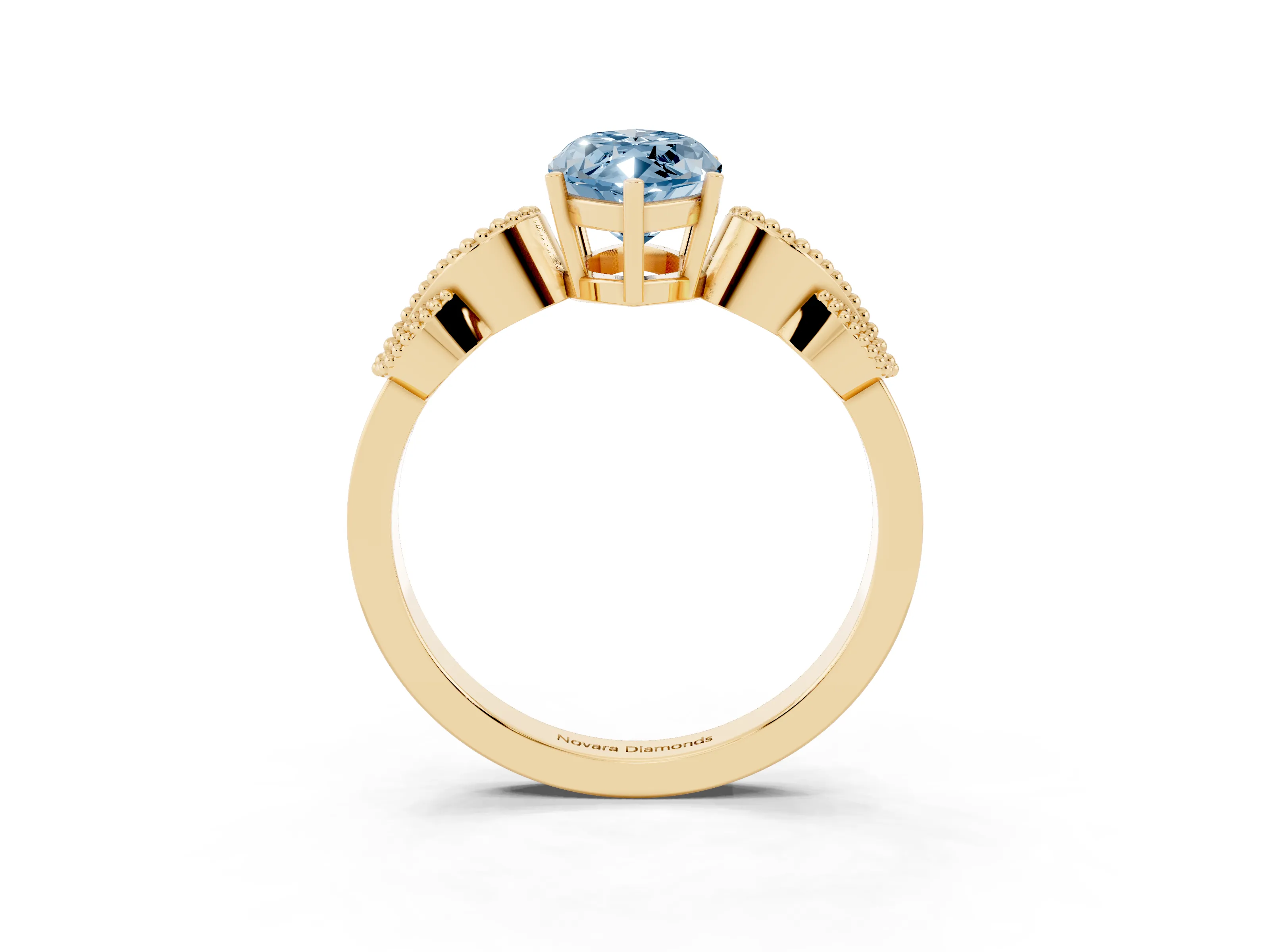 Fancy Blue Marquise Cut Diamond Milgrain Leaf Band Solitaire Ring Set in Yellow gold with Accent Stones and Prong Setting