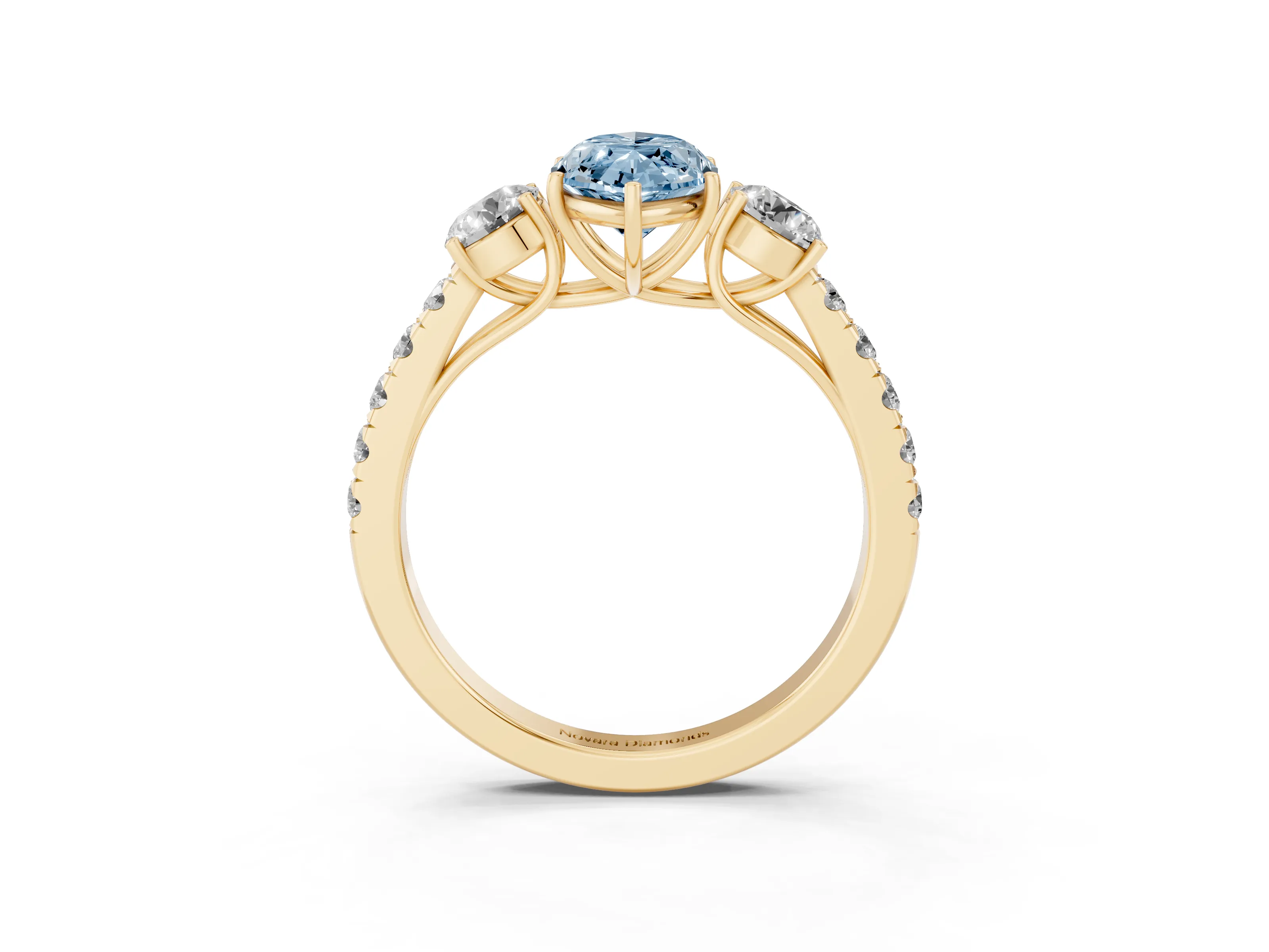 Fancy Blue Marquise Cut Diamond Three-Stone Ring Set in Yellow gold with Round Side Stones and Delicate Pavé Band