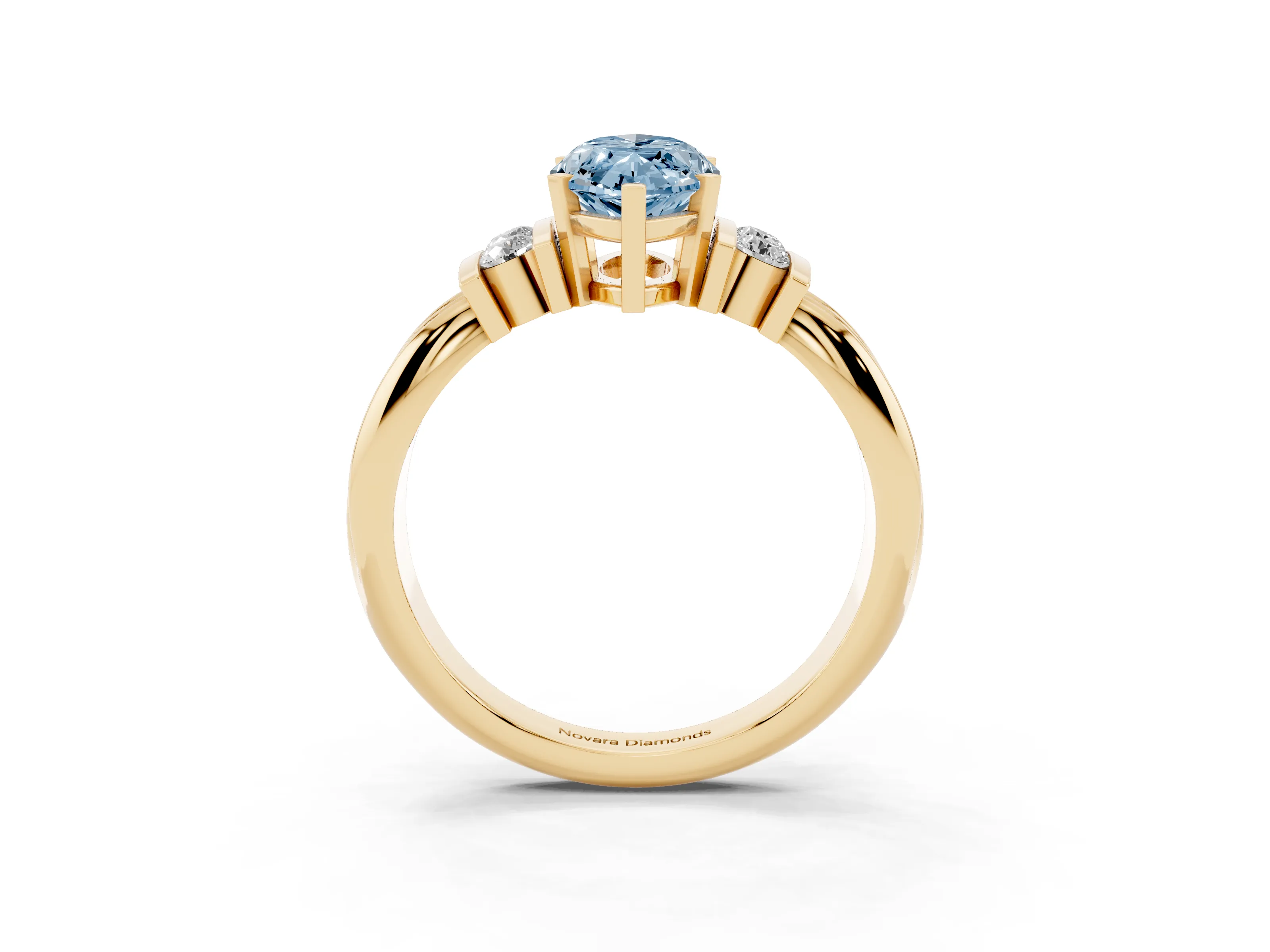 Fancy Blue Three-Stone Marquise Cut Diamond Channel Set Ring Set in Yellow gold with Bar Prongs