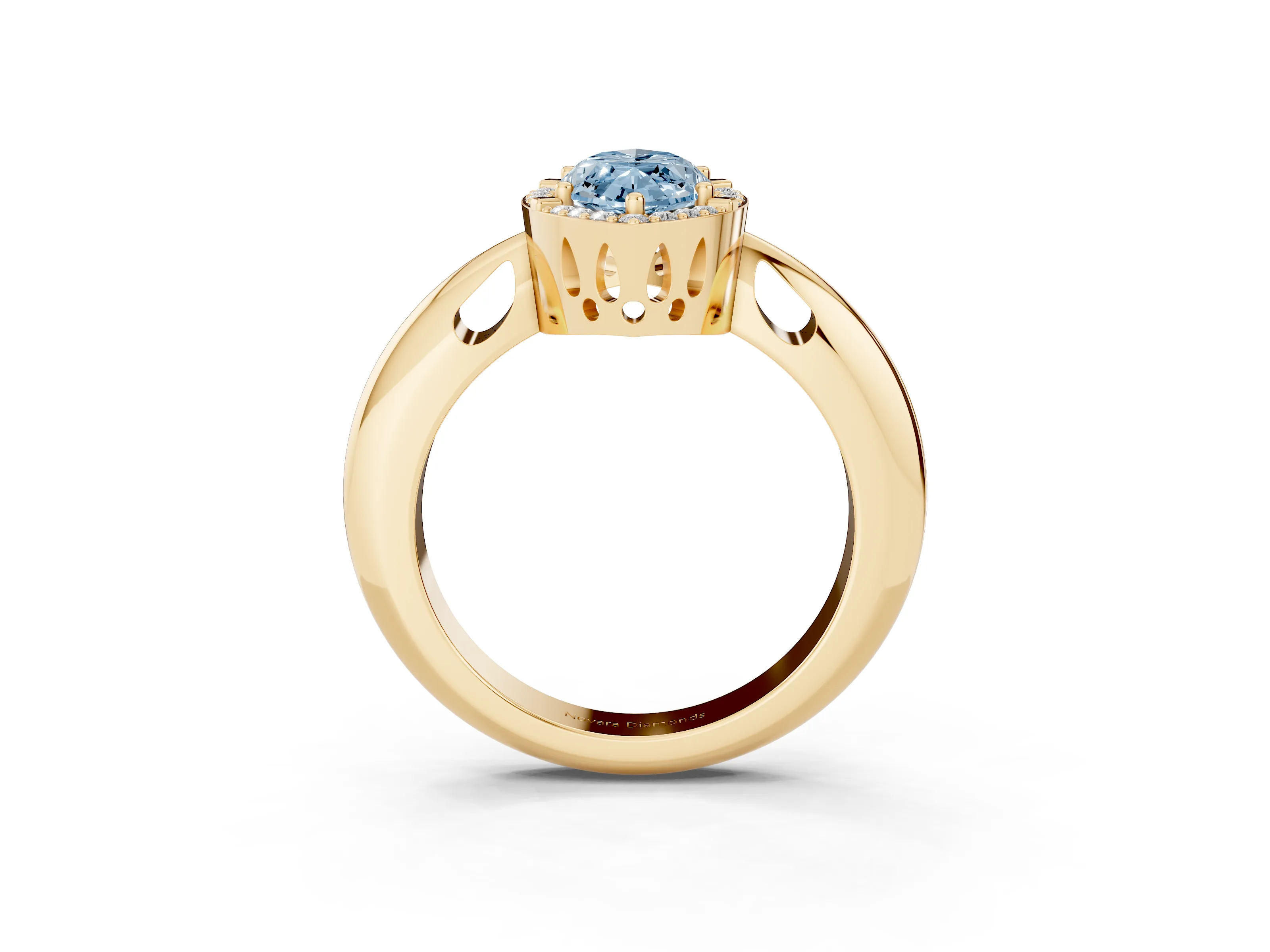 Fancy Blue Marquise Cut Diamond Halo Engagement Ring Set in Yellow gold with Plain Split Shank and Prong Setting