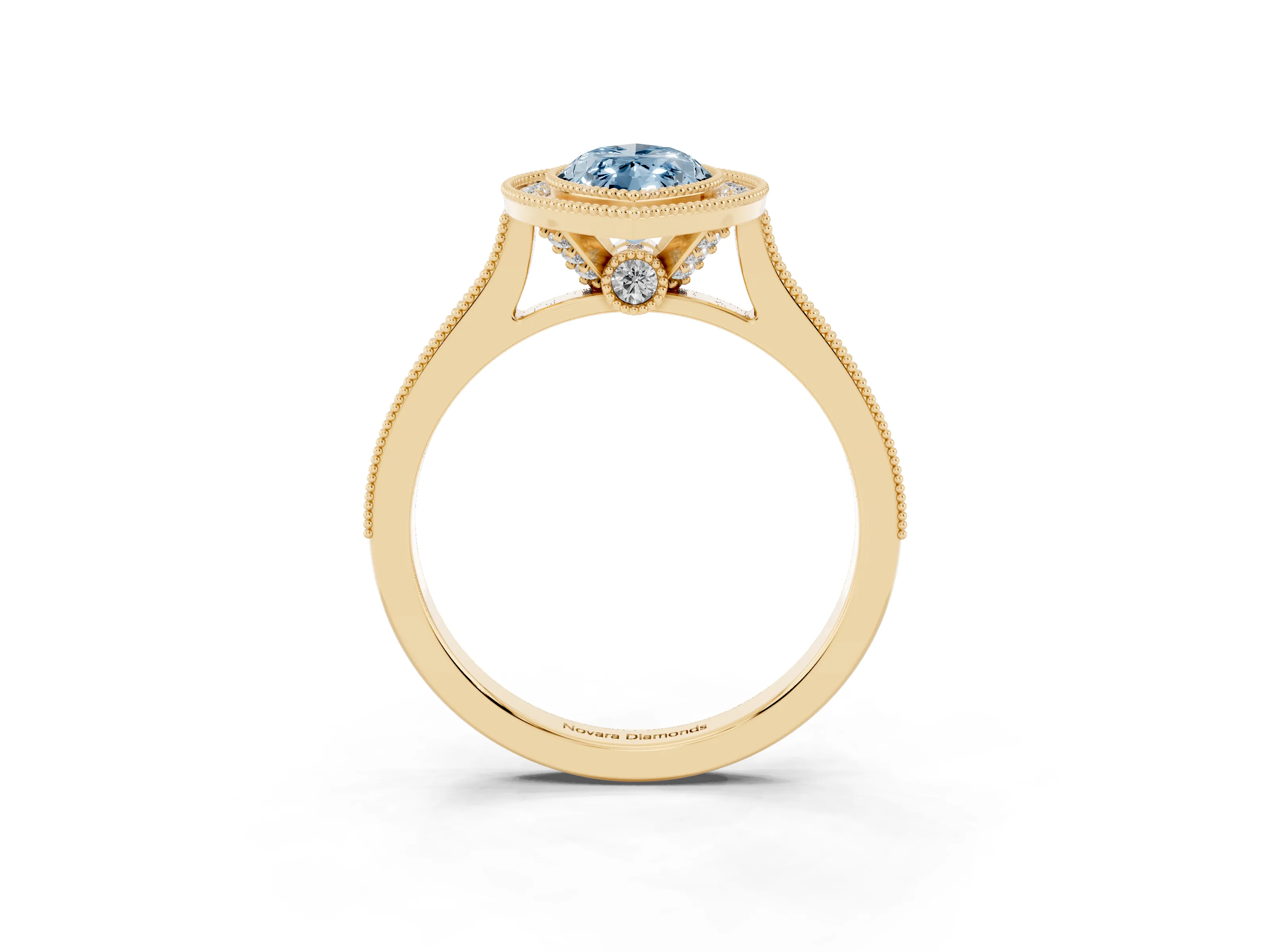 Fancy Blue Marquise Cut Diamond Halo Milgrain Pavé Band Ring Set in Yellow gold with Prong Setting