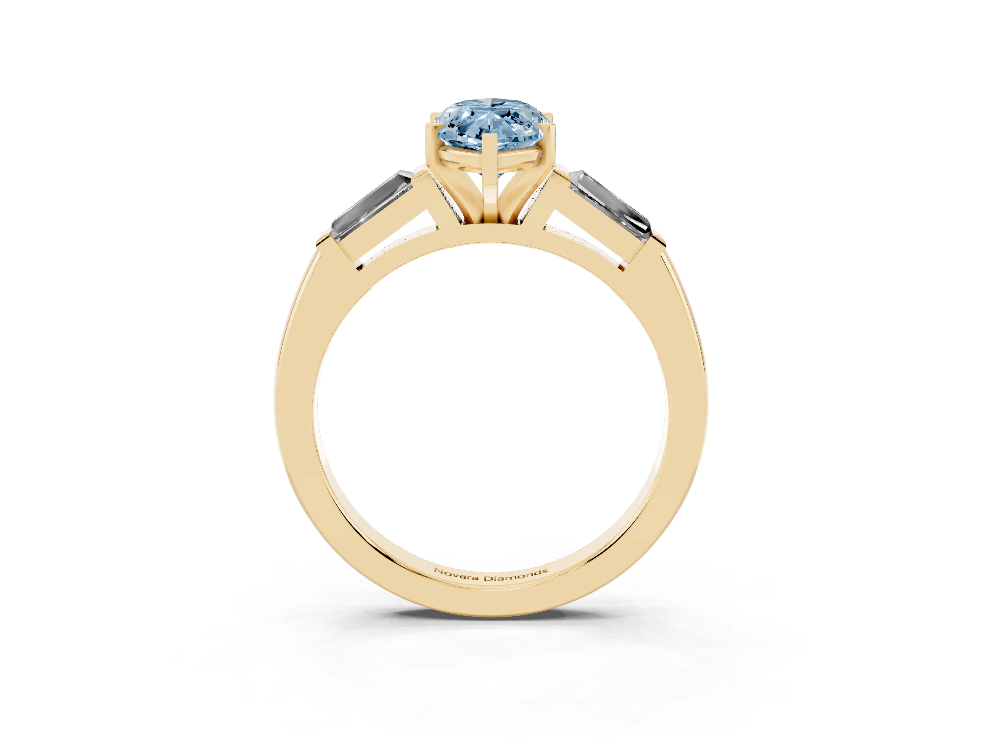 Fancy Blue Marquise Cut Diamond Solitaire Ring Set in Yellow gold with Tapered Baguette Side Stones and Prong Setting