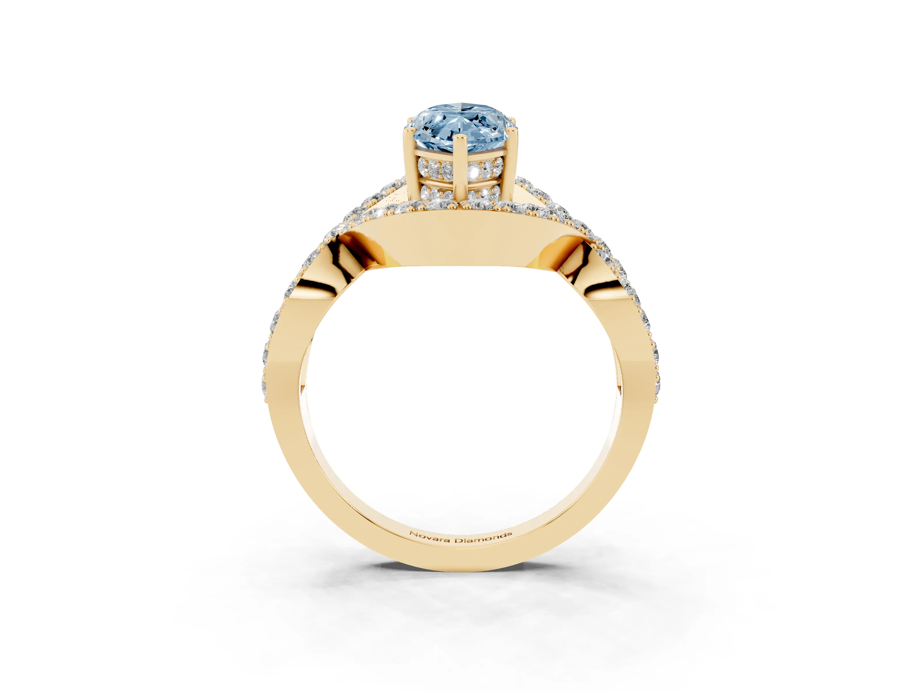Fancy Blue Marquise Cut Diamond Solitaire Twist Band Pavé Engagement Ring Set in Yellow gold