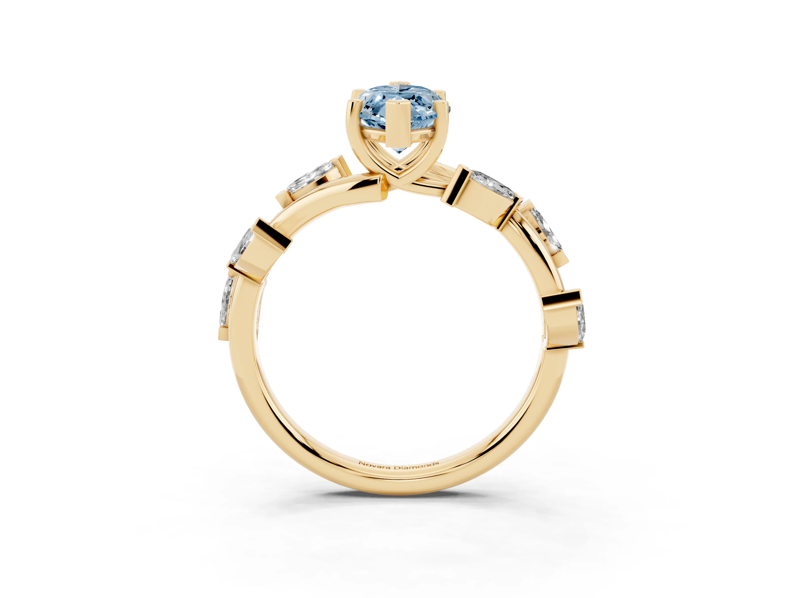Fancy Blue Marquise Cut Diamond Solitaire Ring Set in Yellow gold with Twisted Marquise Accent Band