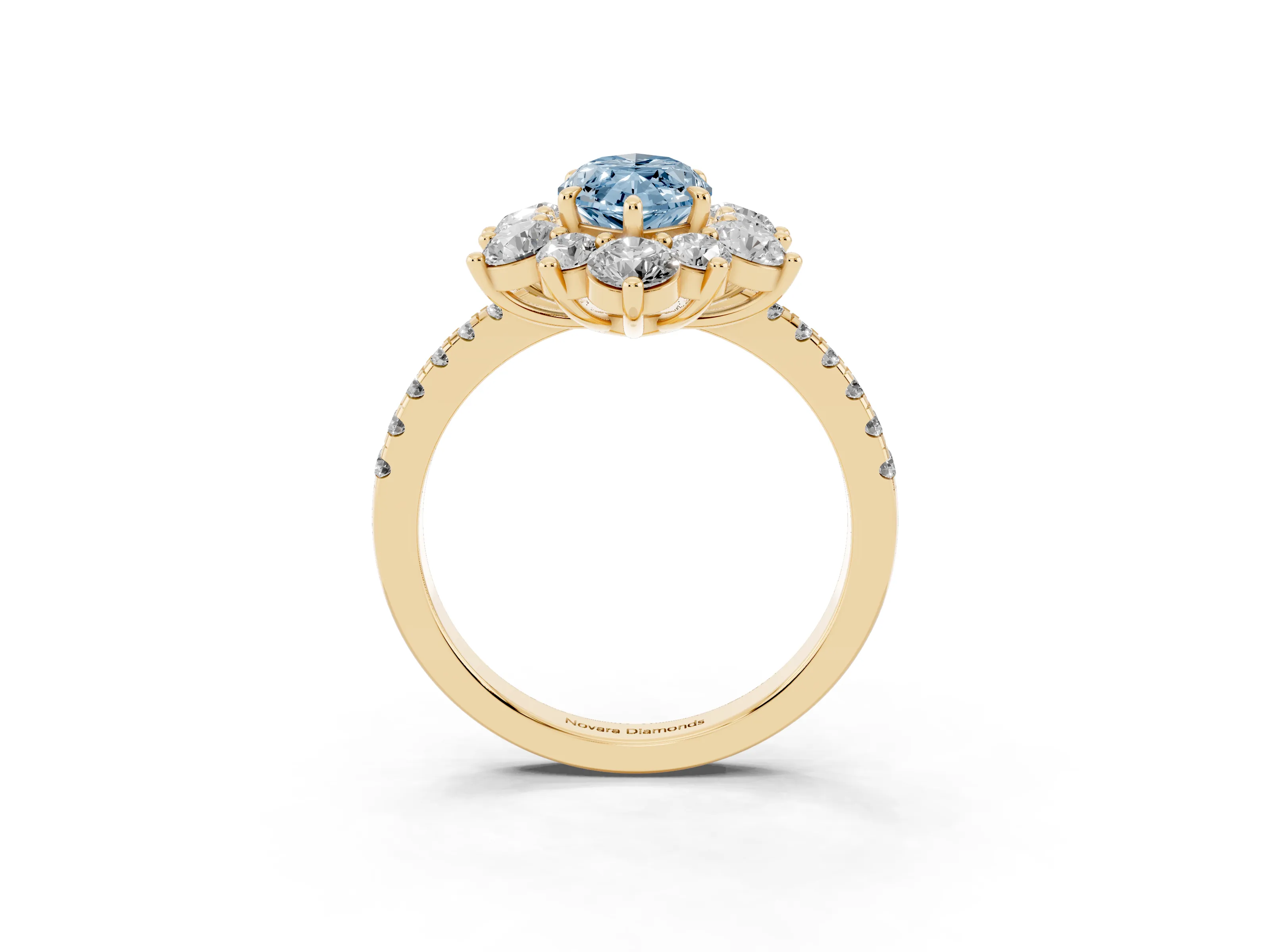 Fancy Blue Marquise Cut Diamond Floral Halo Ring Set in Yellow gold with Round Pavé Band and Prong Setting