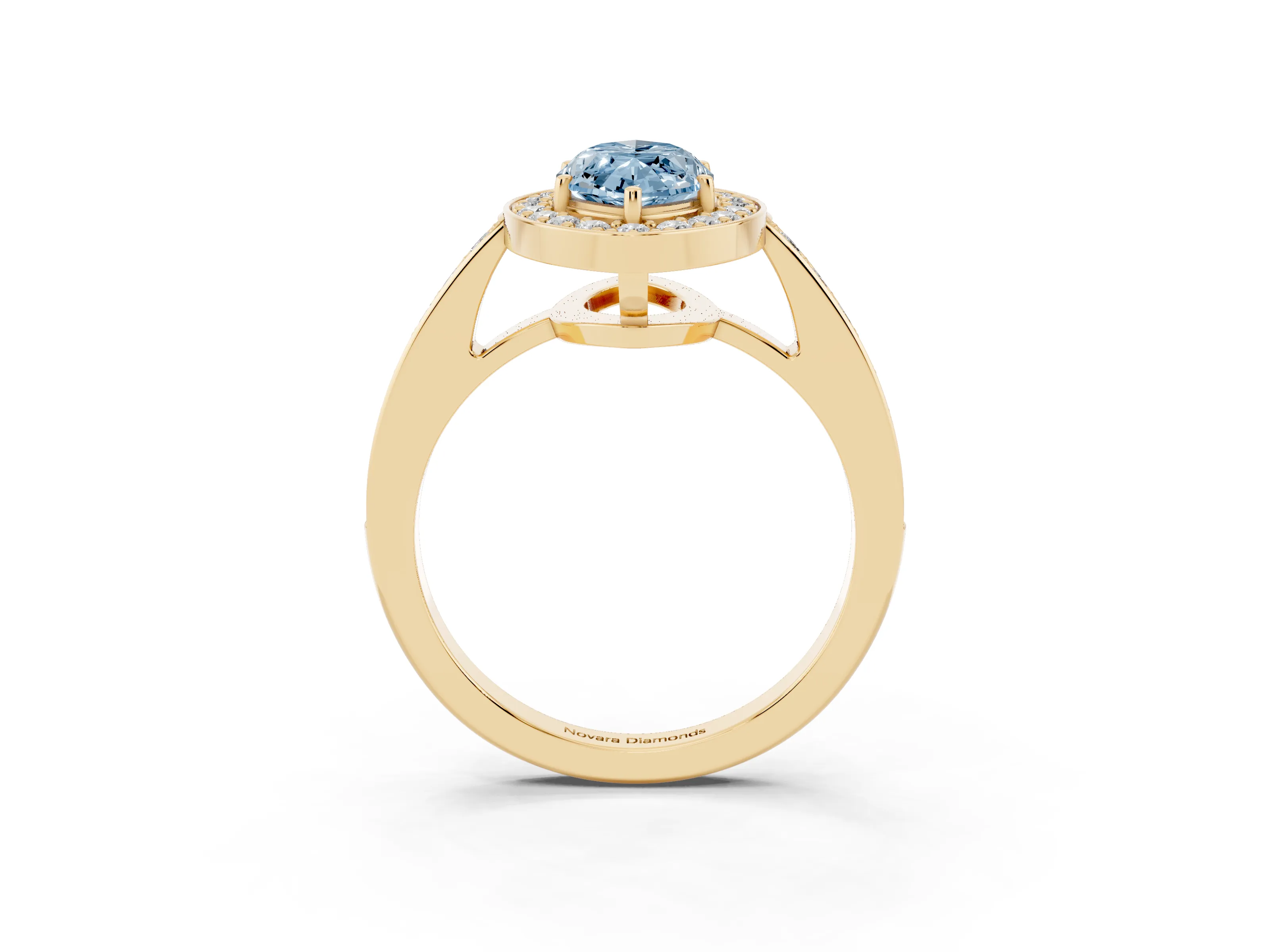 Fancy Blue Marquise Cut Diamond Halo Pavé Engagement Ring Set in Yellow gold with Bezel Setting