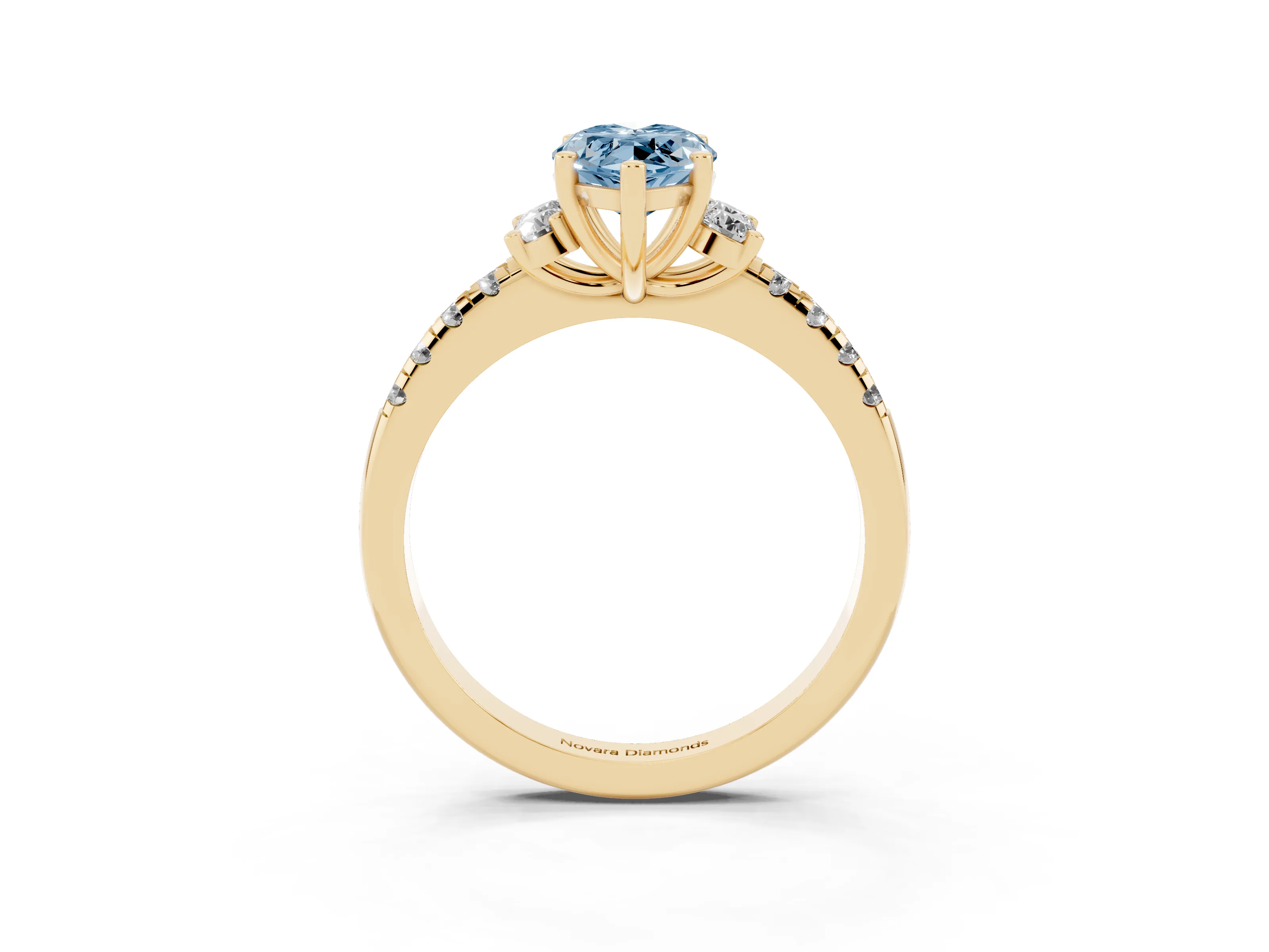 Fancy Blue Marquise Cut Diamond Three-Stone Pavé Ring Set in Yellow gold with Prong Setting