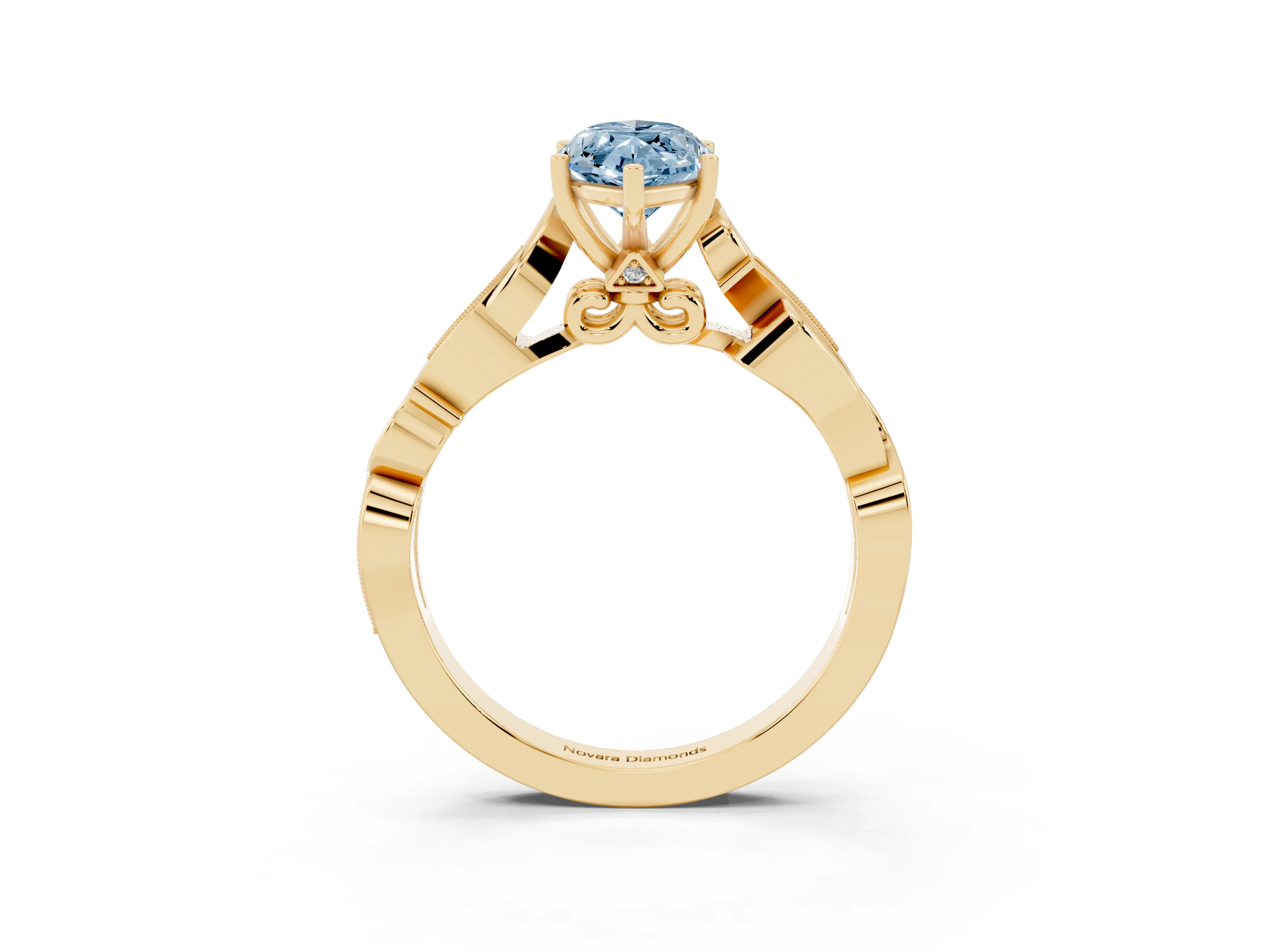 Fancy Blue Marquise Cut Diamond Vine Band Solitaire Ring Set in Yellow gold with Milgrain Prong Setting