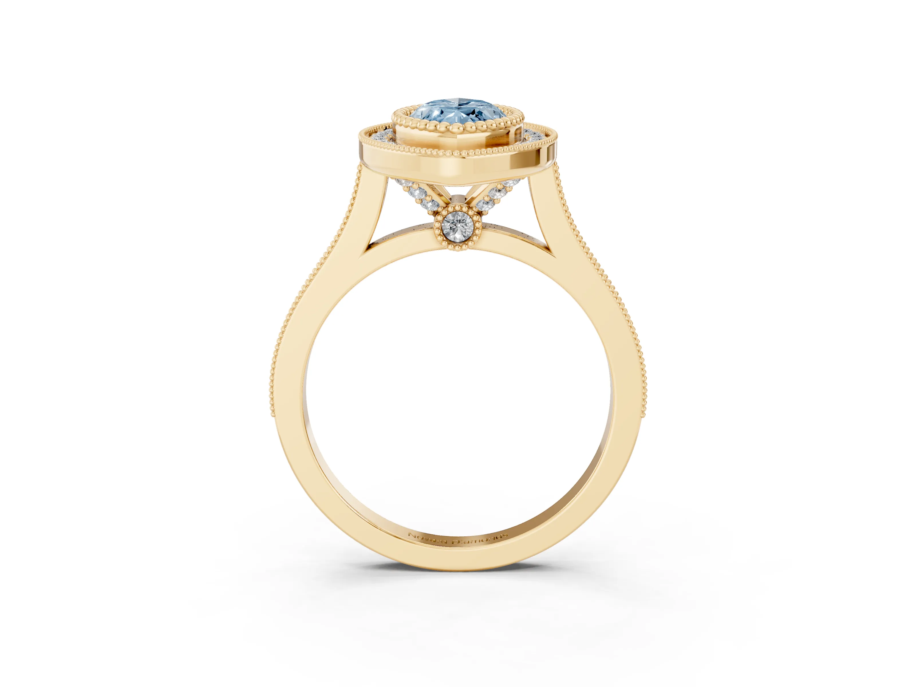 Fancy Blue Marquise Cut Diamond Halo Ring Set in Yellow gold with Milgrain Frame and Pavé Band