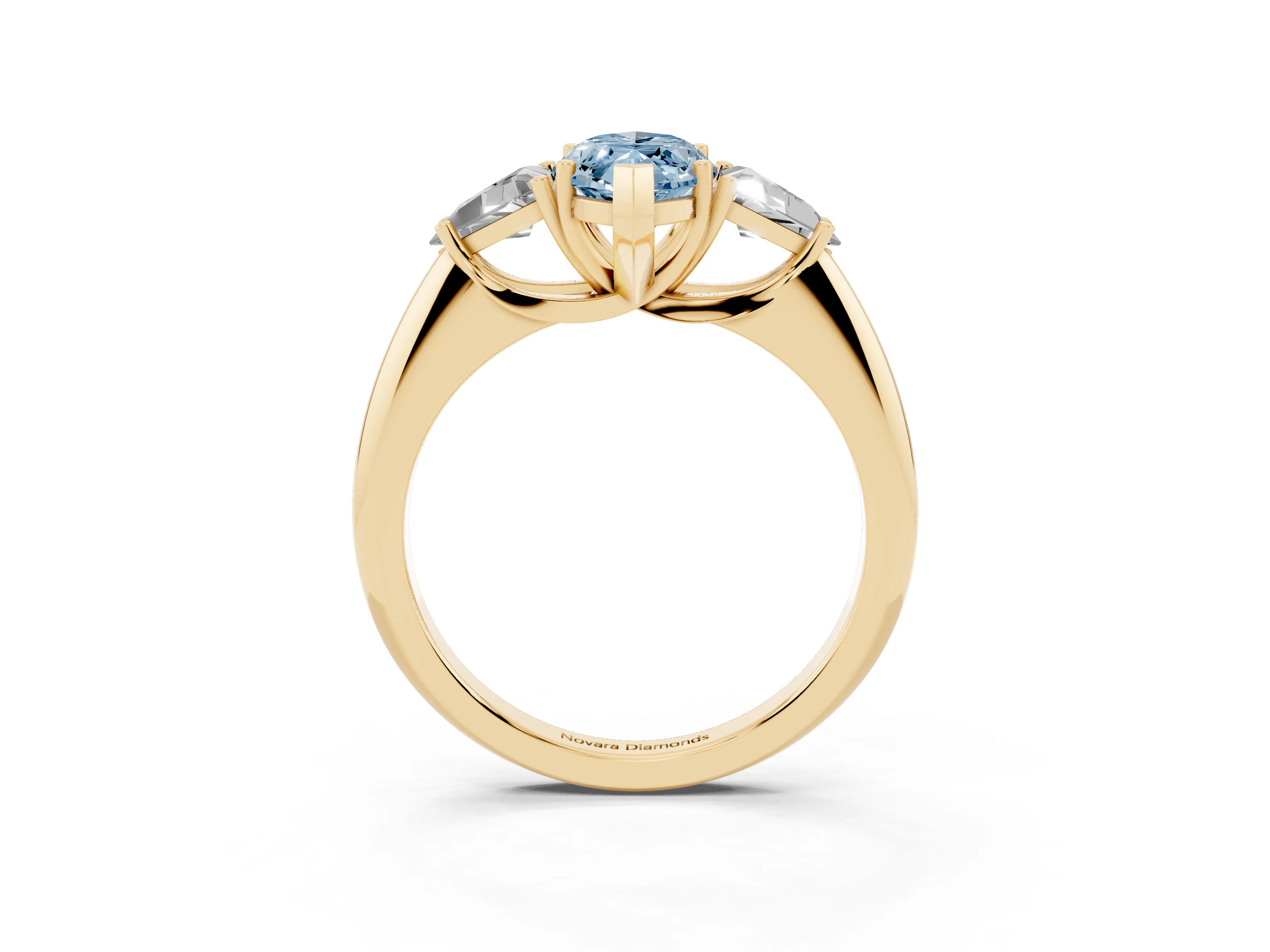 Fancy Blue Marquise Cut Diamond Three-Stone Engagement Ring Set in Yellow gold with Trillion Side Stones
