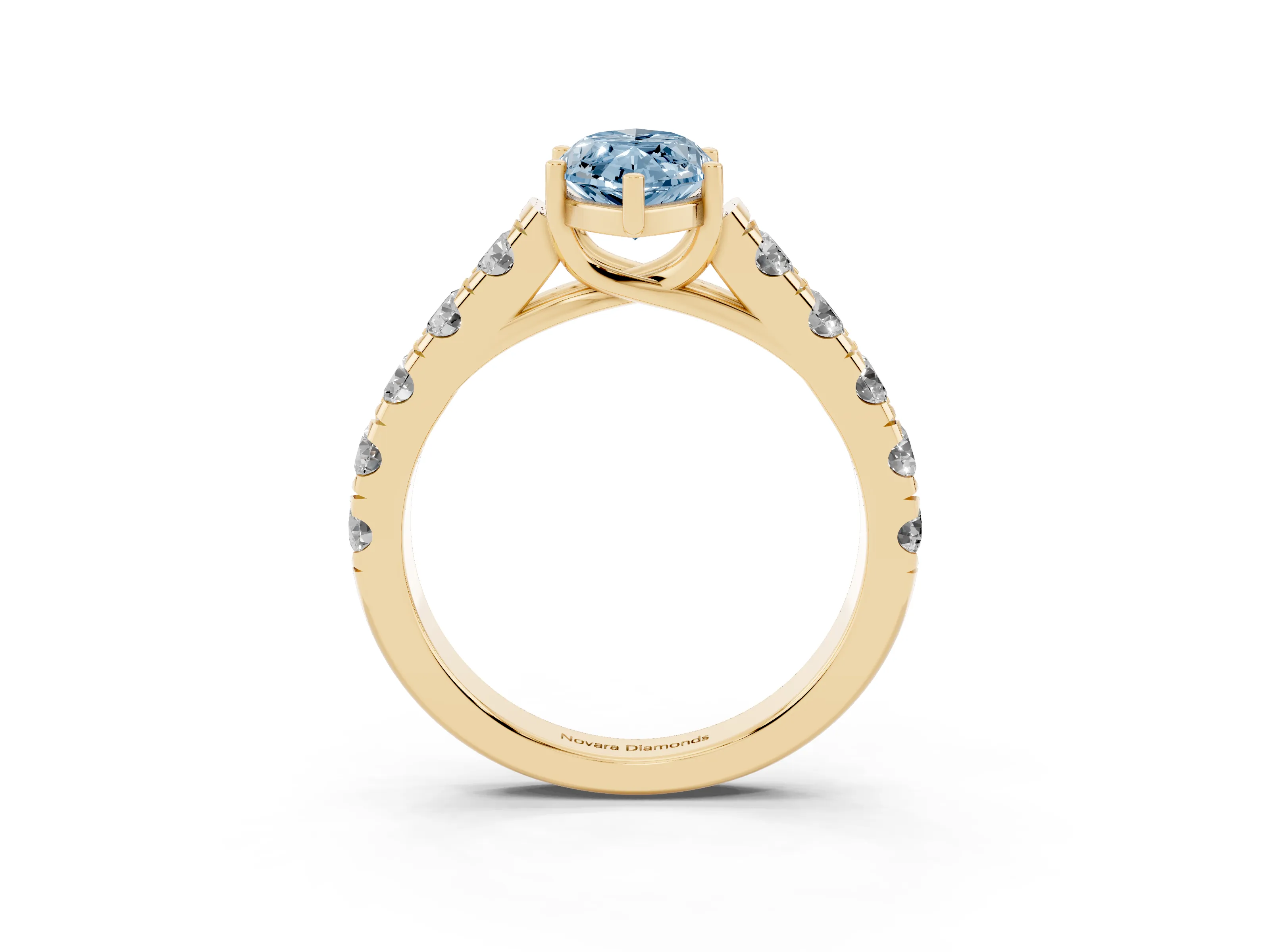 Fancy Blue Marquise Cut Diamond Solitaire Ring Set in Yellow gold with Cut-Down Micro Pavé Band and Prong Setting