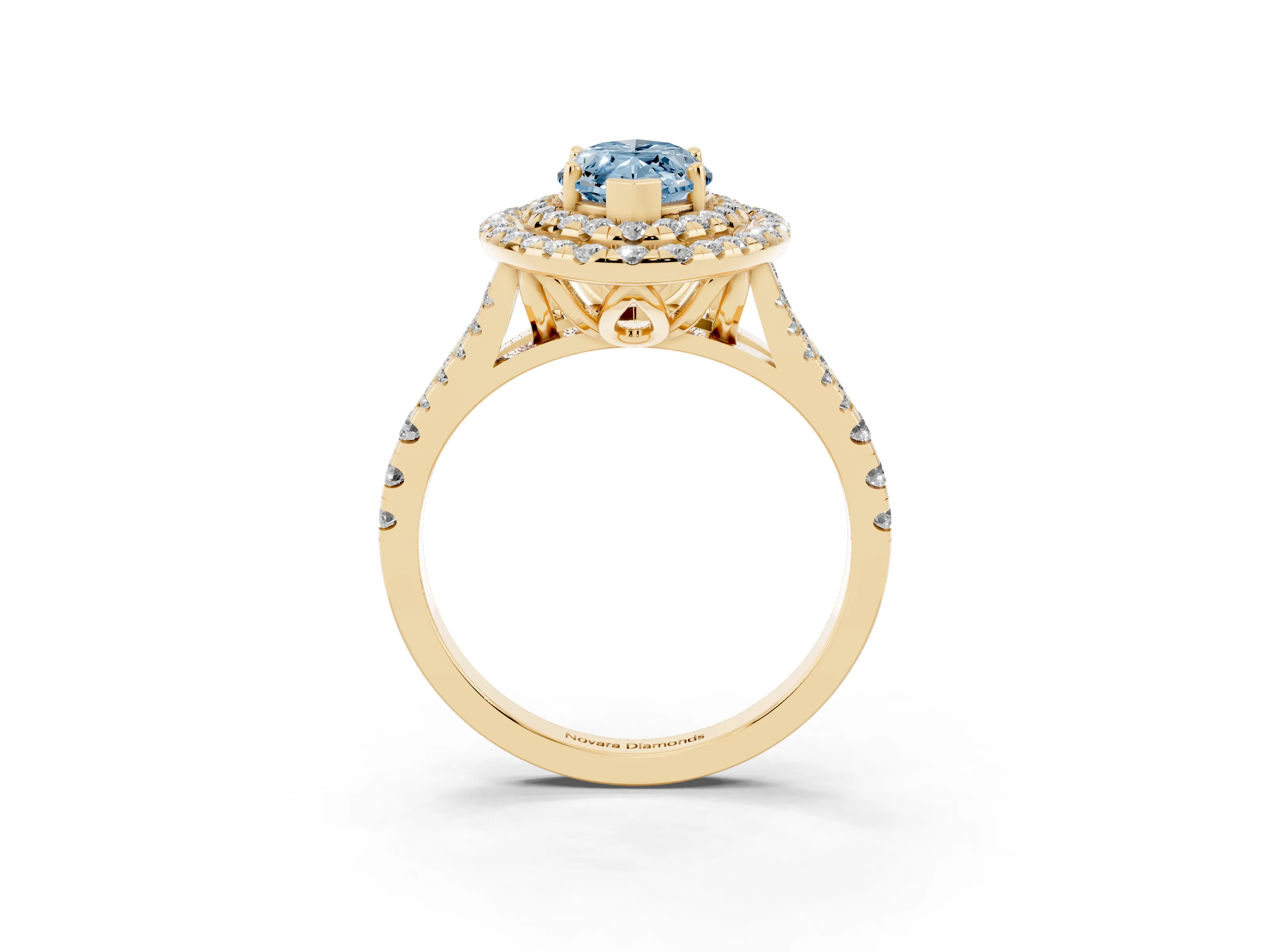 Fancy Blue Marquise Cut Diamond Double Halo Ring Set in Yellow gold with Pavé Split Shank and Prong Setting