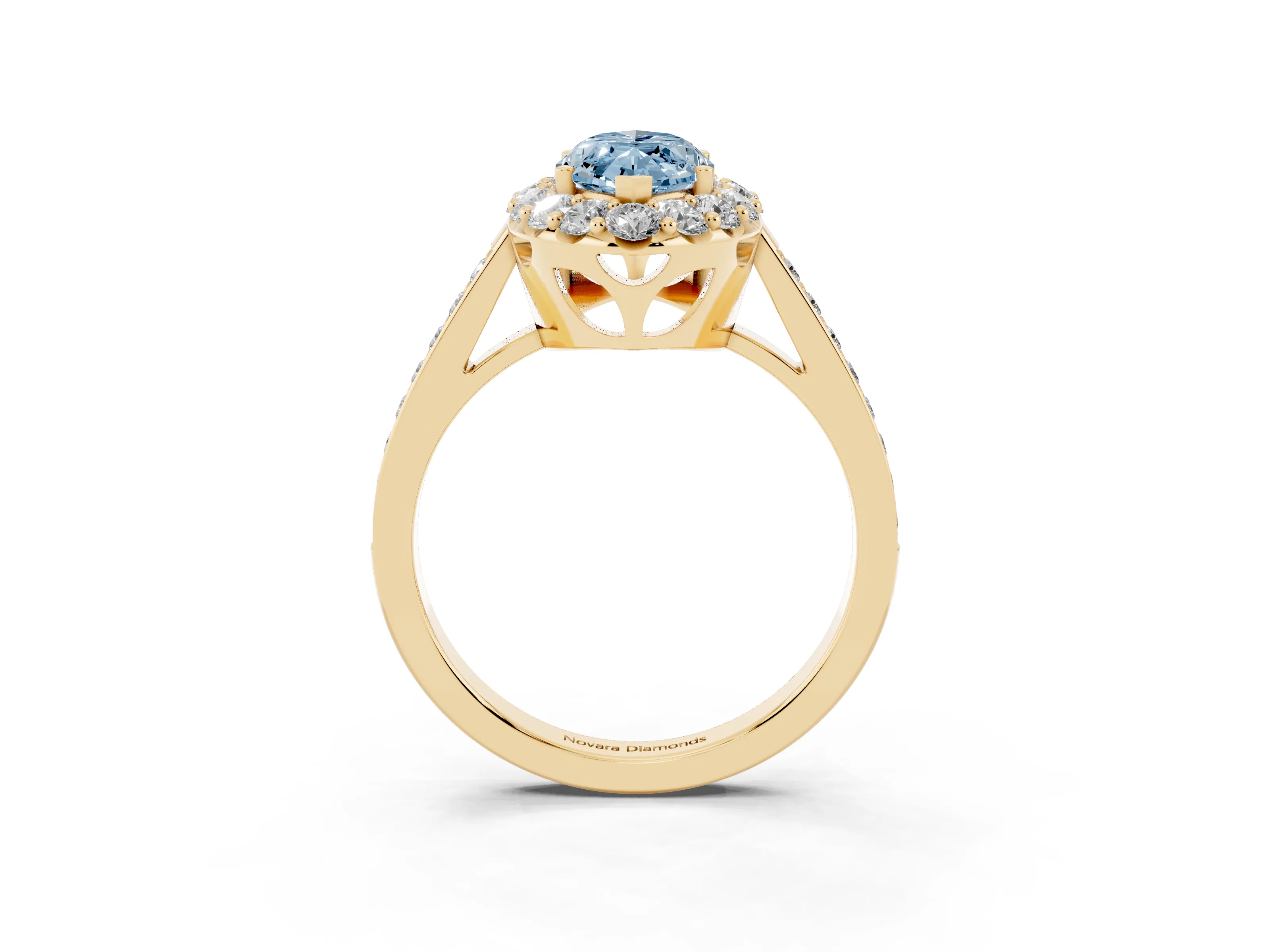 Fancy Blue Marquise Cut Diamond Floral Halo Ring Set in Yellow gold with Pavé Band and Prong Setting