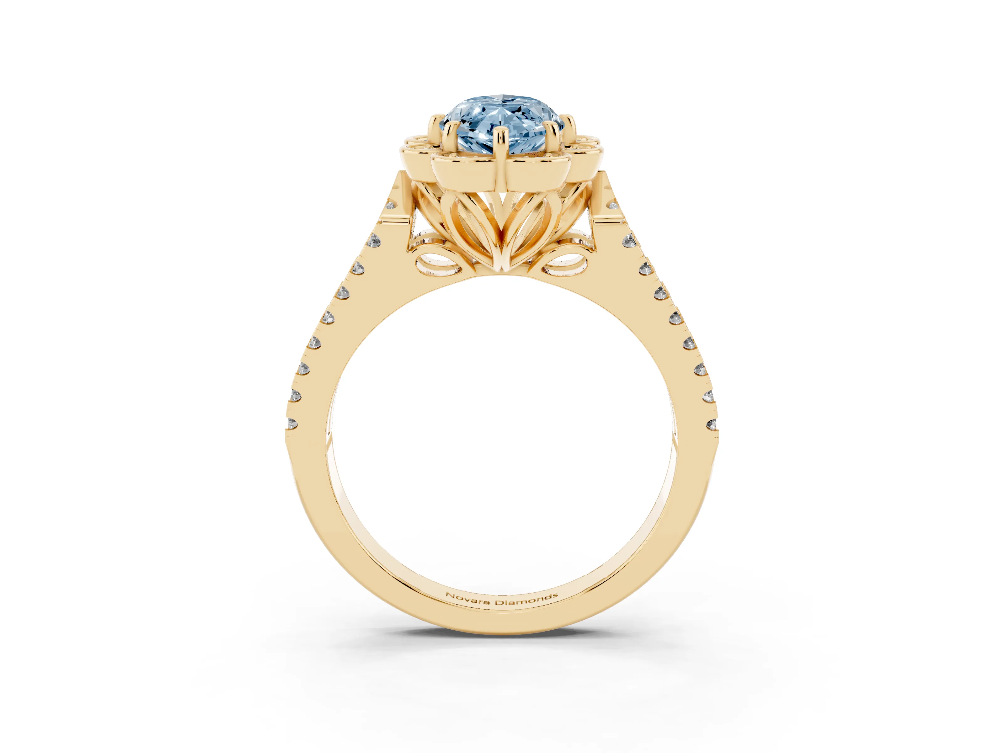 Fancy Blue Marquise Cut Diamond Floral Halo Split Shank Engagement Ring Set in Yellow gold with Pavé Shank