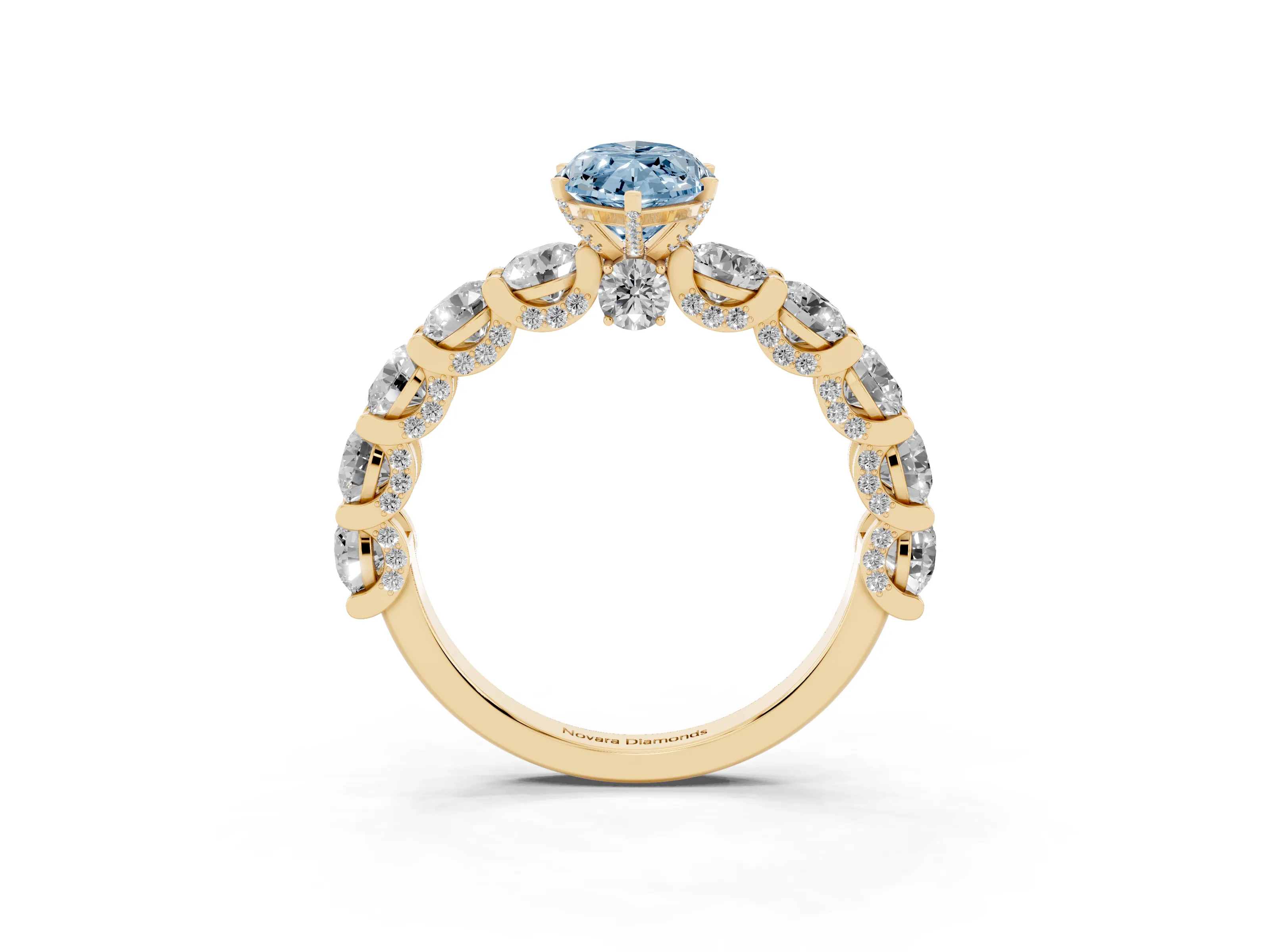 Fancy Blue Marquise Cut Diamond Side Stone Ring Set in Yellow gold with Alternating Round and Oval Side Stones