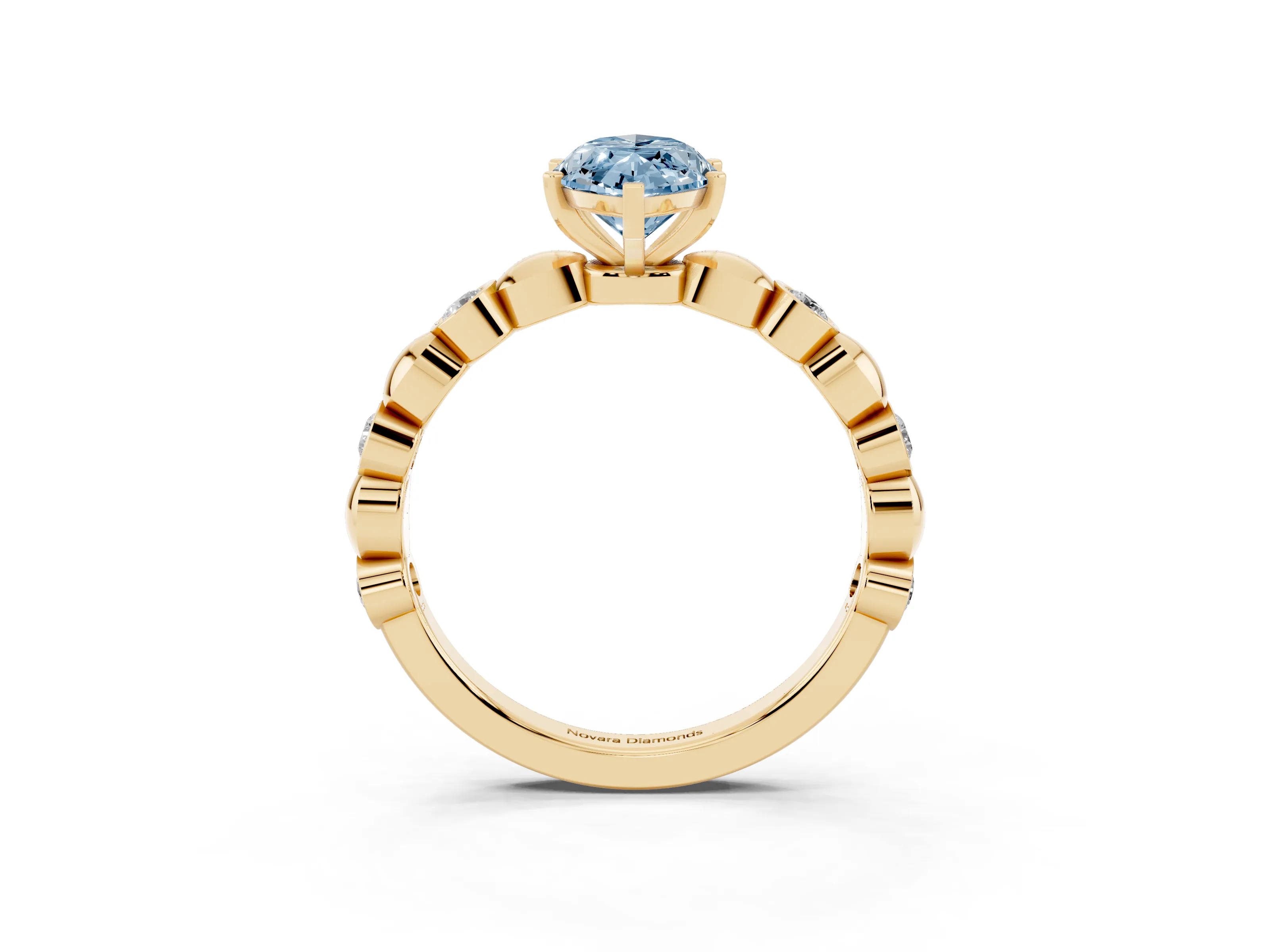 Fancy Blue Marquise Cut Diamond Solitaire Ring Set in Yellow gold with Bezel-Set Accents on Beaded Band and Prong Setting