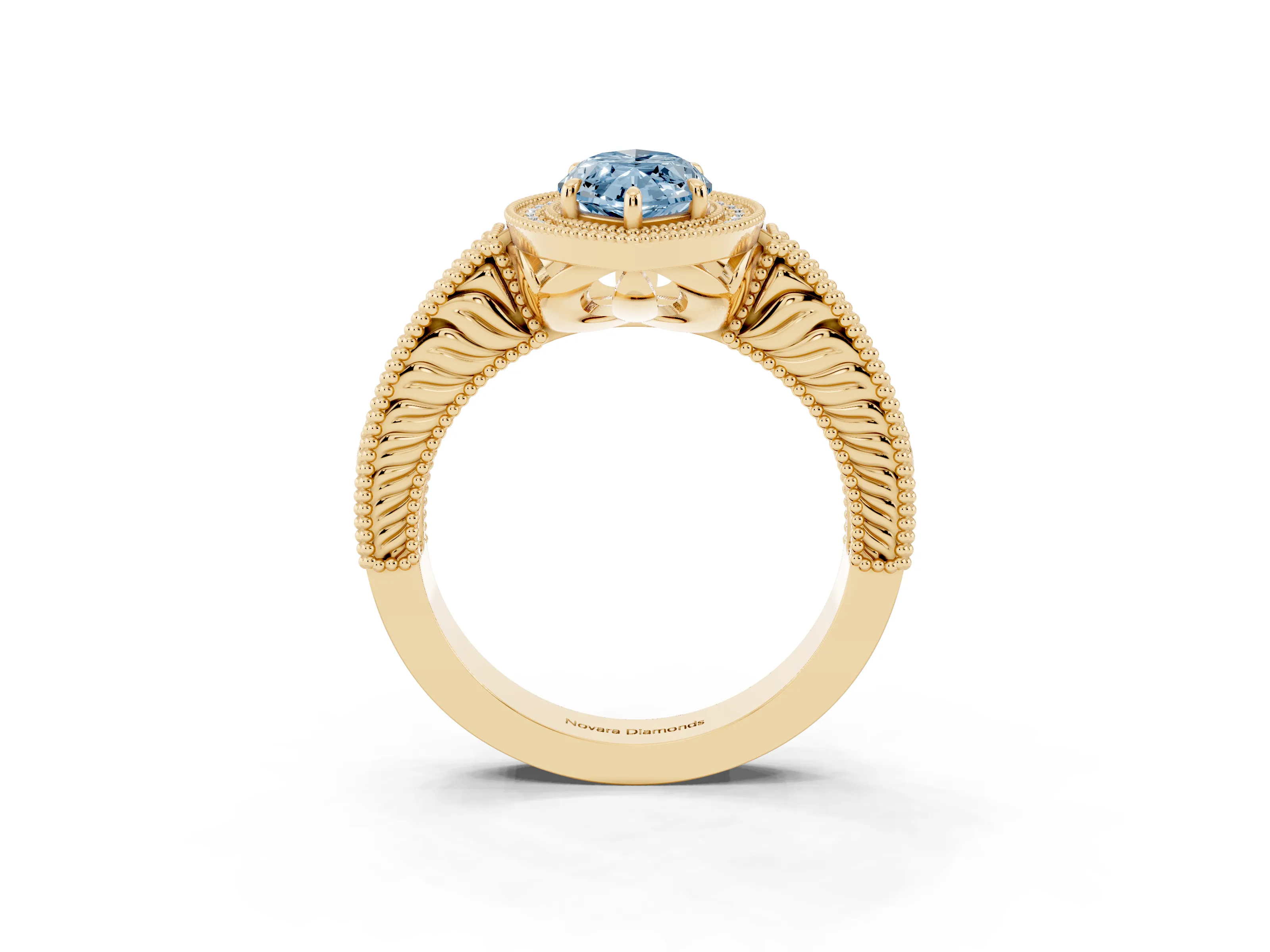 Fancy Blue Marquise Cut Diamond Halo Ring Set in Yellow gold with Round Accent Halo, Pavé Band and Prong Setting
