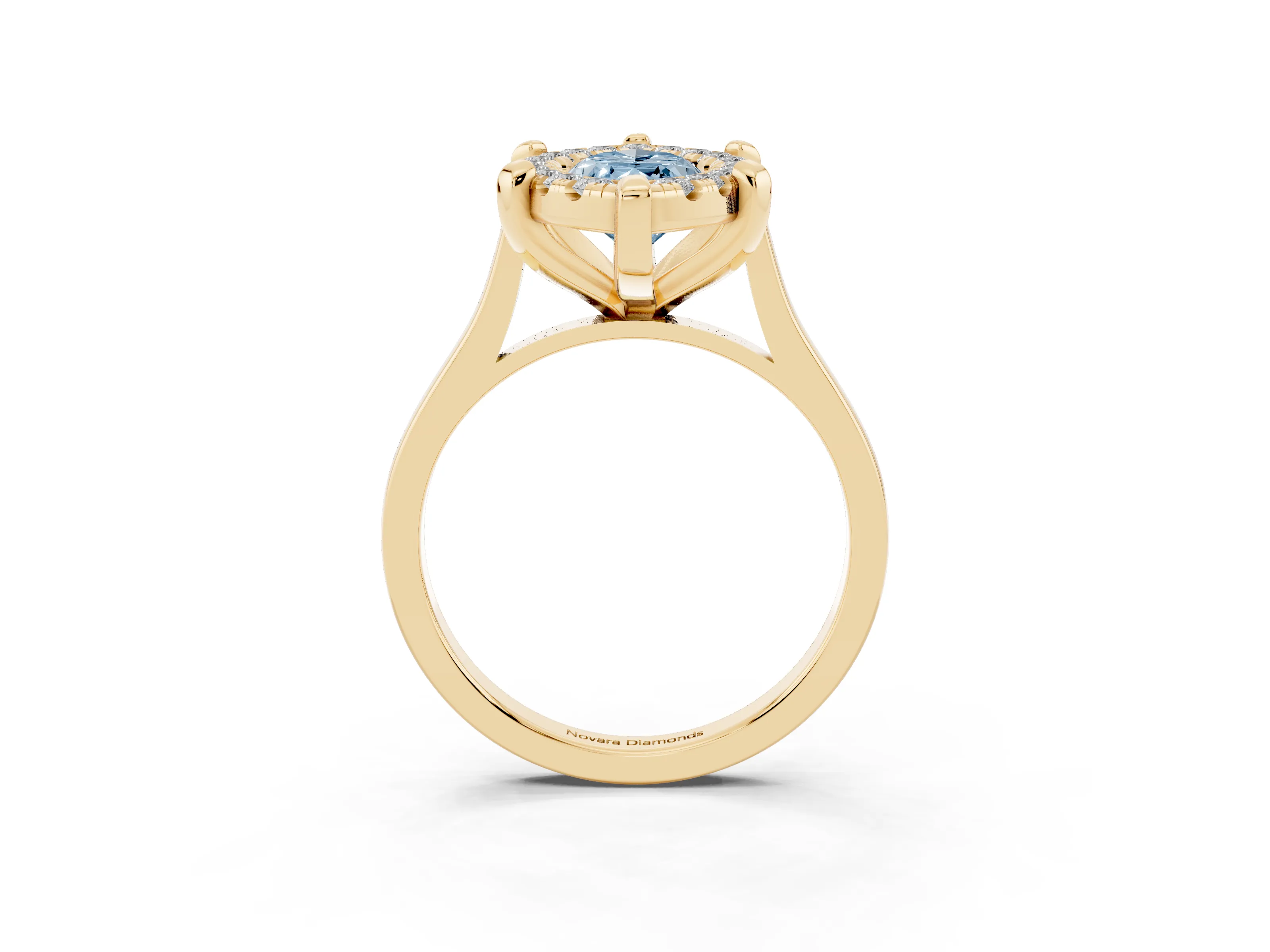 Fancy Blue Marquise Cut Diamond Cluster Halo Solitaire Ring Set in Yellow gold with Prong Setting