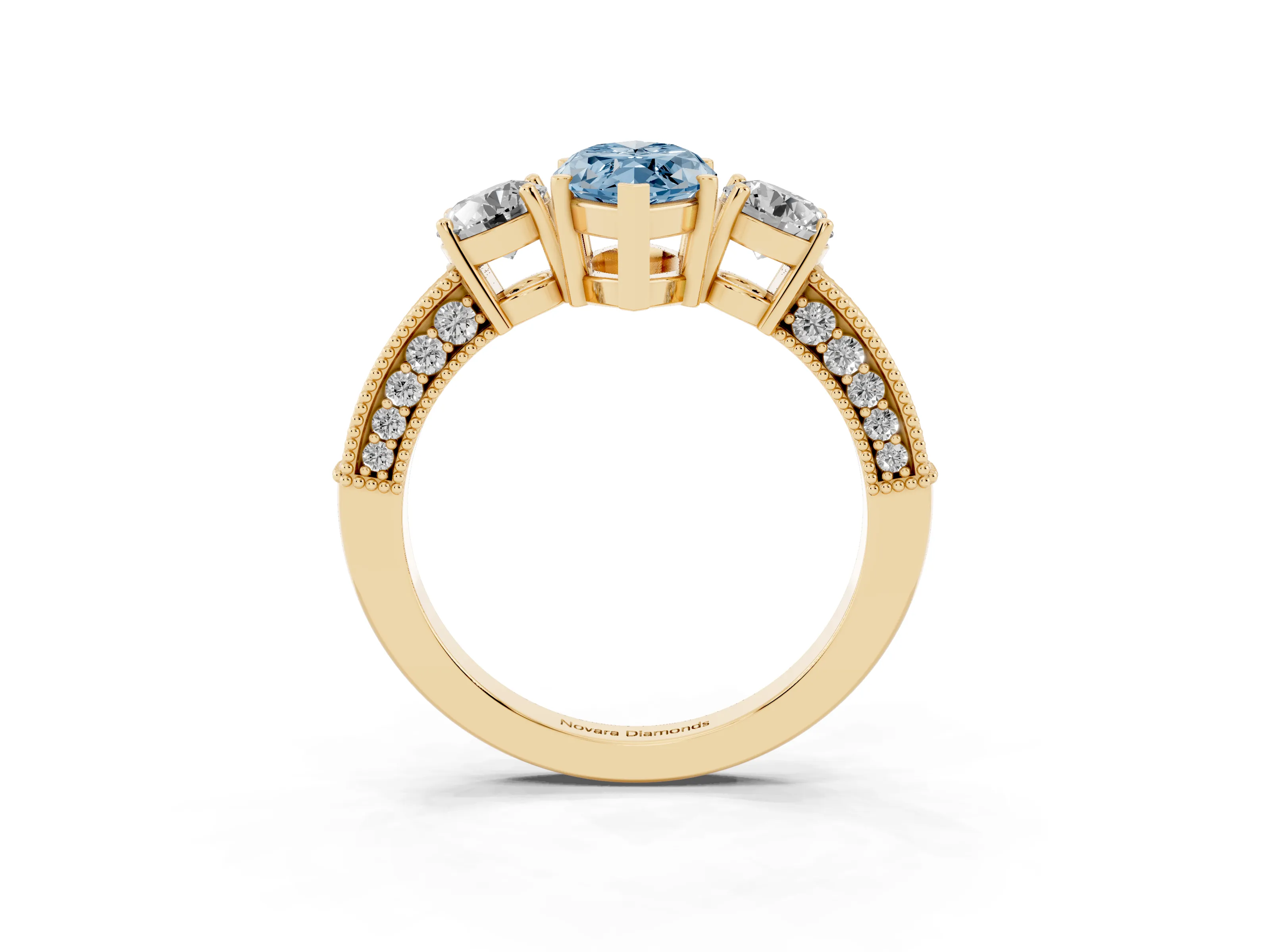 Fancy Blue Marquise Cut Diamond Three-Stone Ring Set in Yellow gold with Round Side Stones and Pavé Band