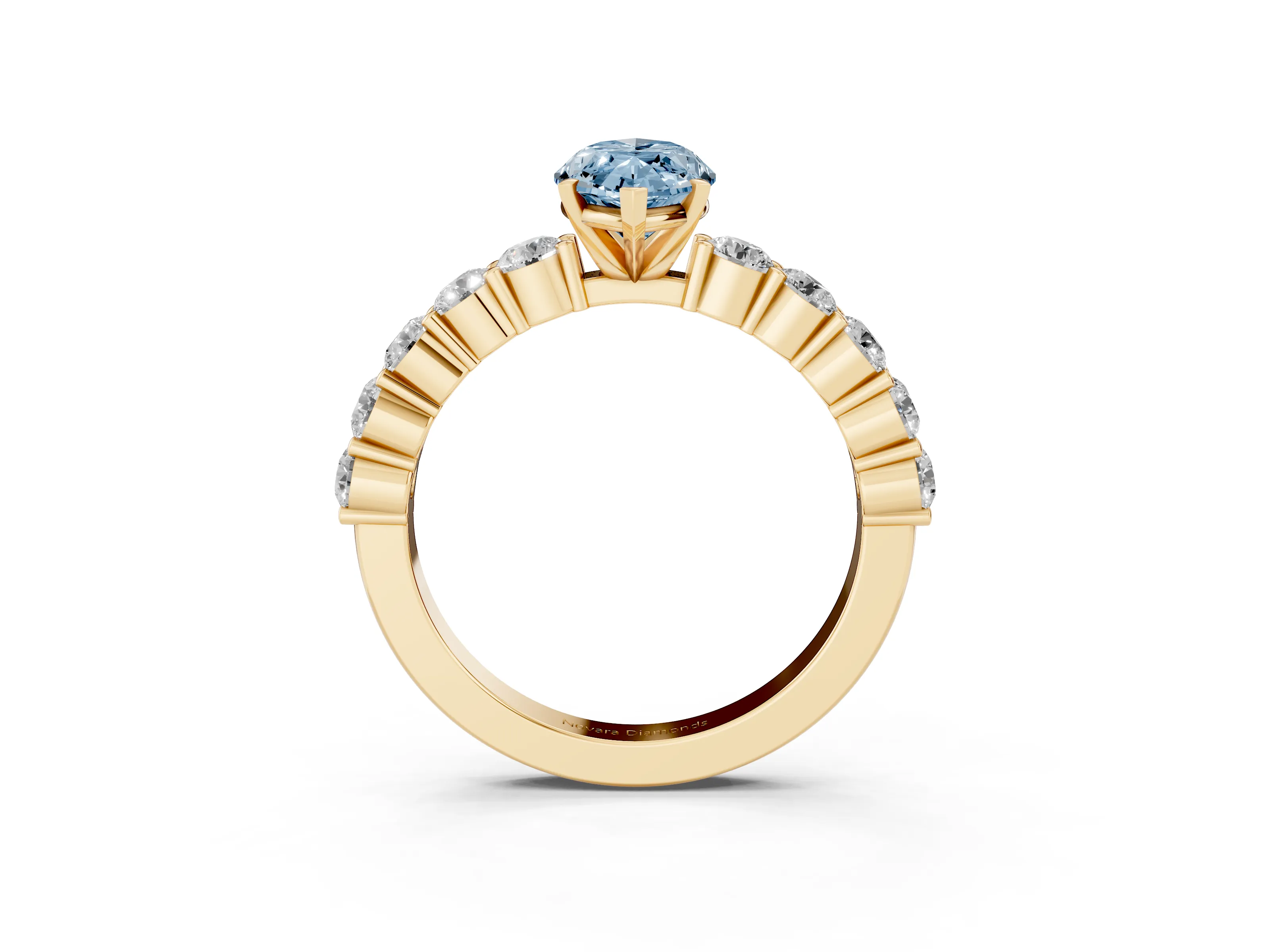 Fancy Blue Marquise Cut Diamond Solitaire Ring Set in Yellow gold with Shared Prong Round Side Stones