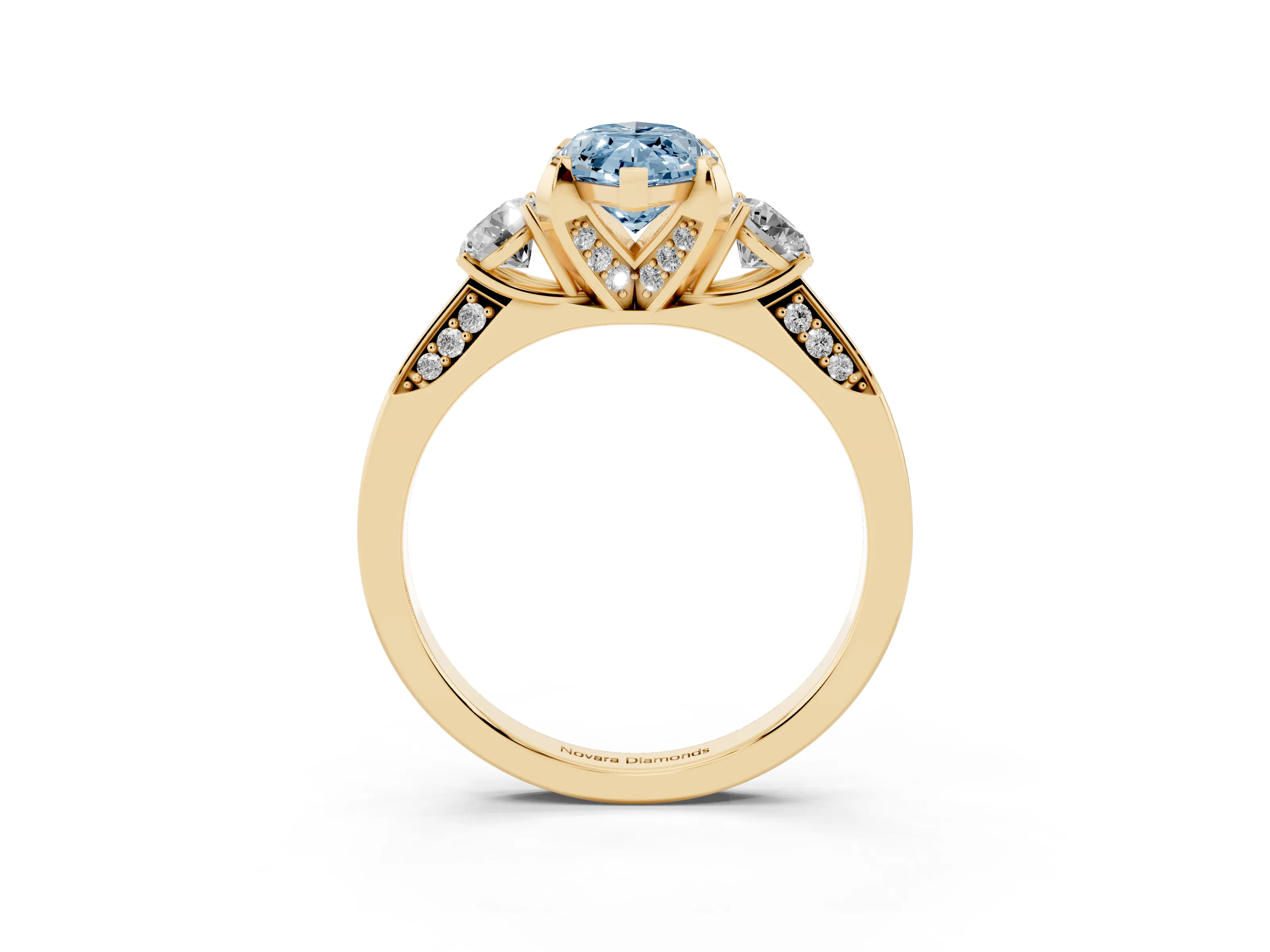 Fancy Blue Marquise Cut Diamond Three-Stone Ring Set in Yellow gold with Pavé Band and Smaller Side Stones
