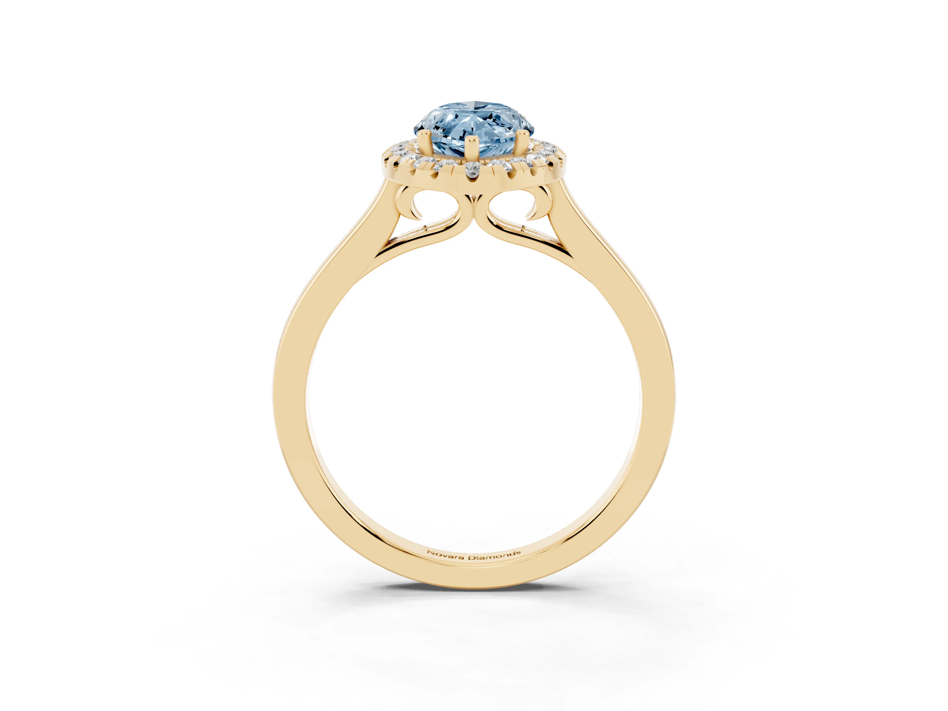 Fancy Blue Marquise Cut Halo Round Diamond Solitaire Ring Set in Yellow gold with Pavé Band and Prong Setting