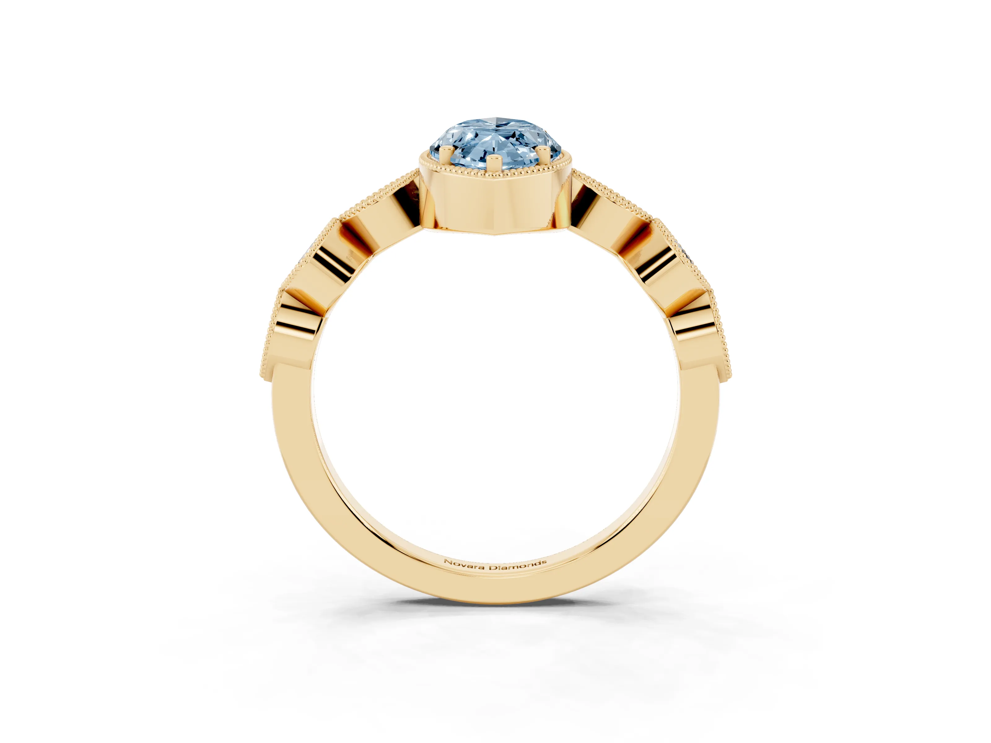 Fancy Blue Marquise Cut Diamond Vintage-Inspired Milgrain Ring Set in Yellow gold with Marquise Stations of Round Accents