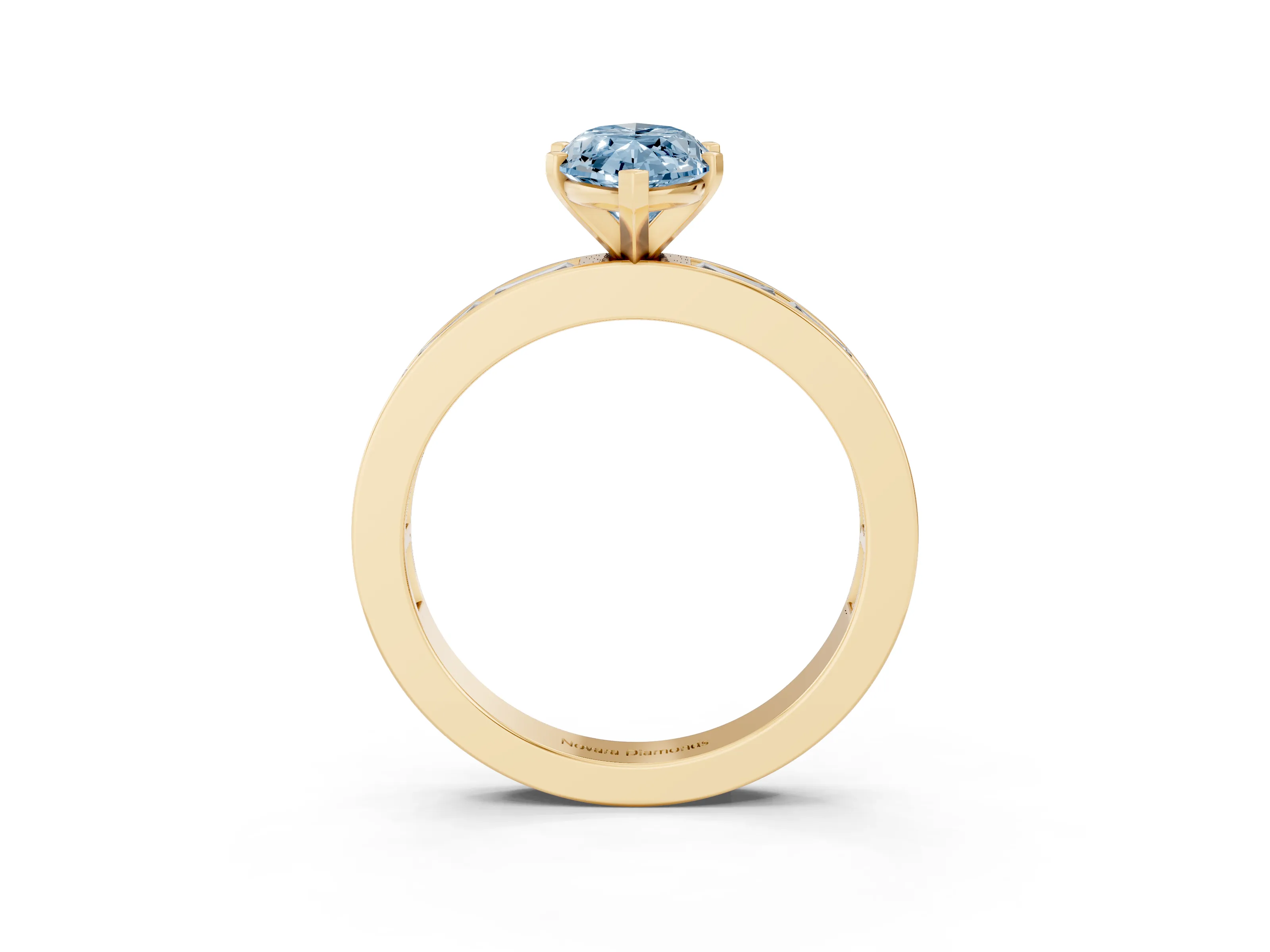 Fancy Blue Marquise Cut Diamond Solitaire Ring Set in Yellow gold with Channel-Set Baguette Band and Prong Setting