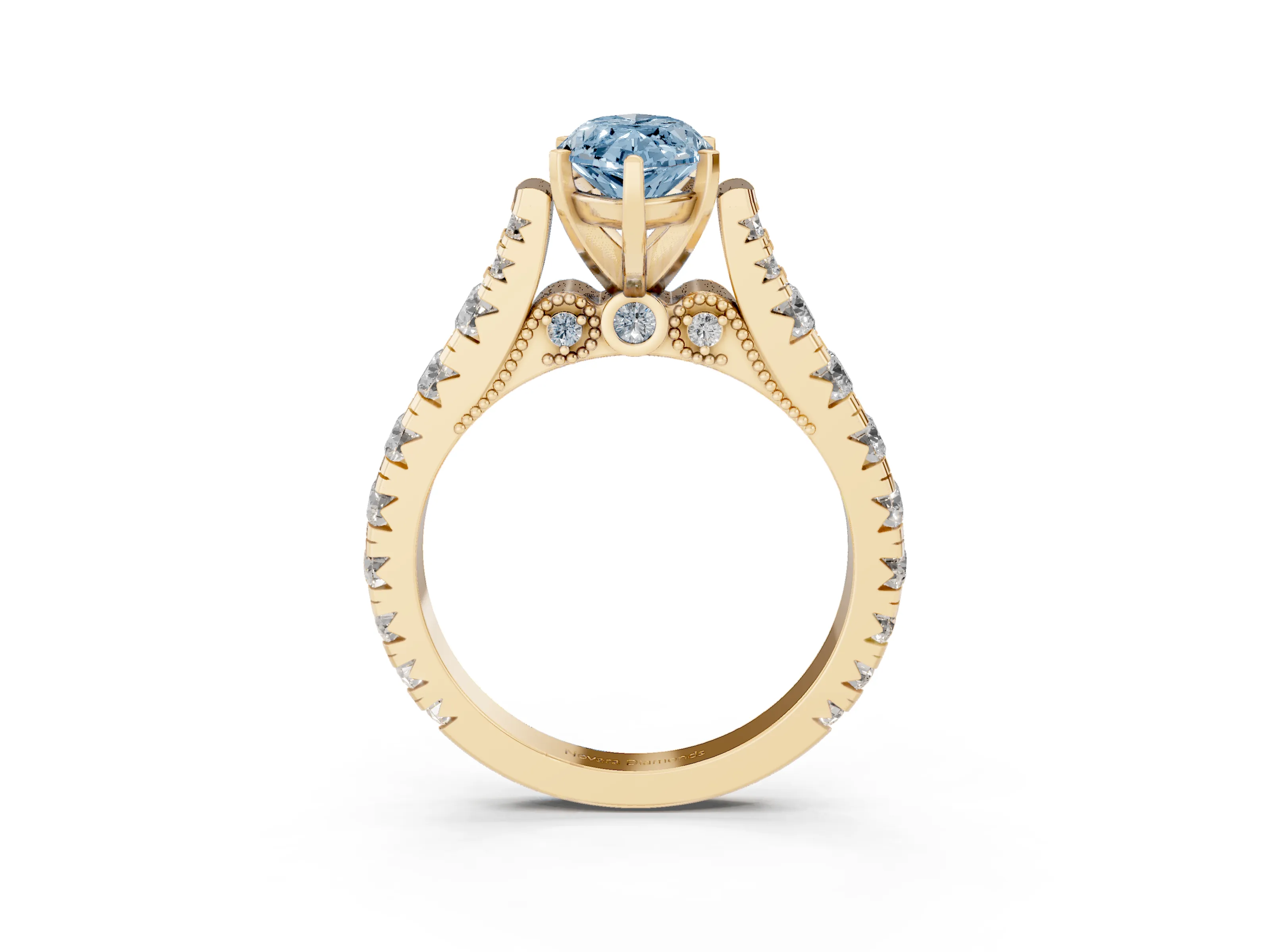 Fancy Blue Marquise Cut Diamond Classic Solitaire Ring Set in Yellow gold with Pavé Band and Prong Setting