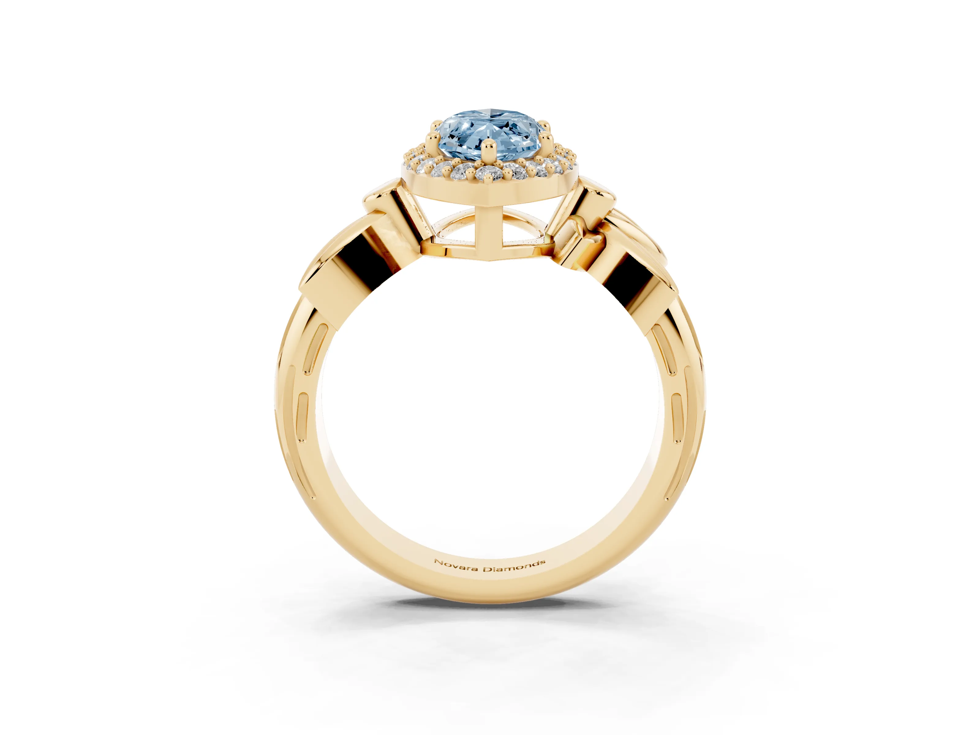 Fancy Blue Marquise Cut Diamond Halo Floral Band Ring Set in Yellow gold with Prong Setting