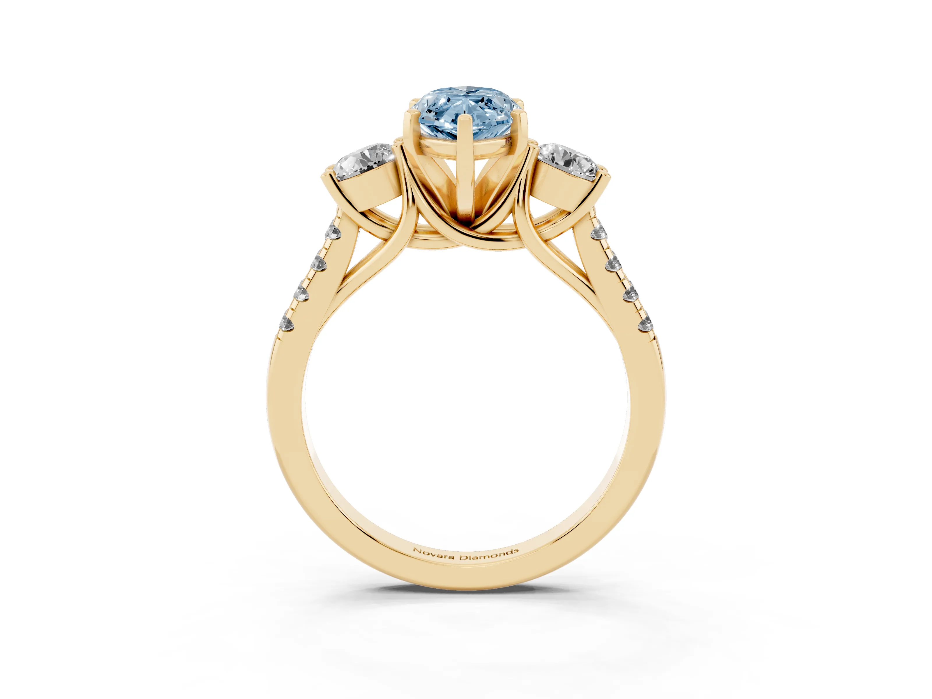 Fancy Blue Three-Stone Marquise Cut Diamond Pavé Band Ring Set in Yellow gold with Prong-Set Trio