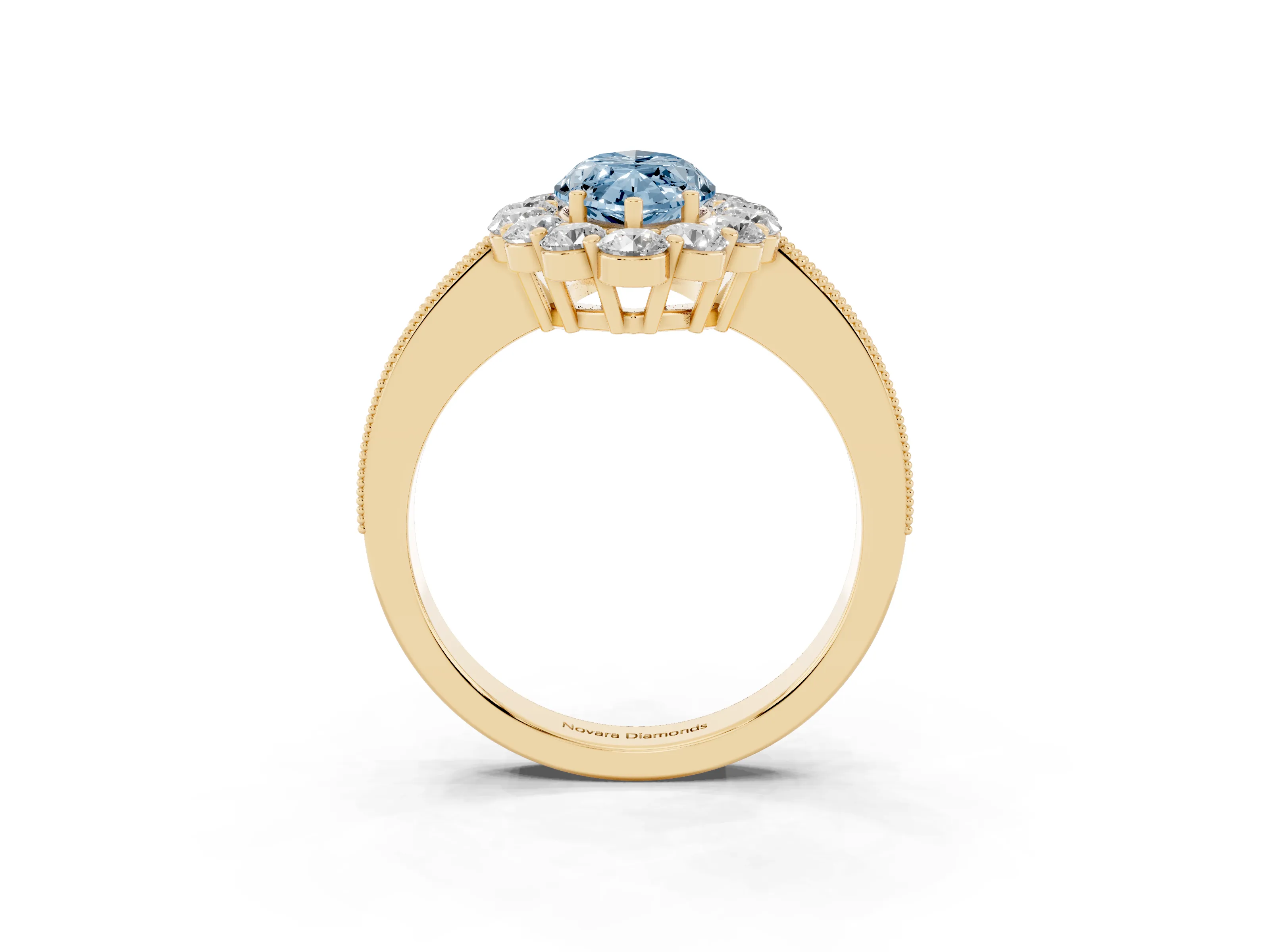Fancy Blue Marquise Cut Diamond Halo Pavé Engagement Ring Set in Yellow gold with Milgrain Detailing