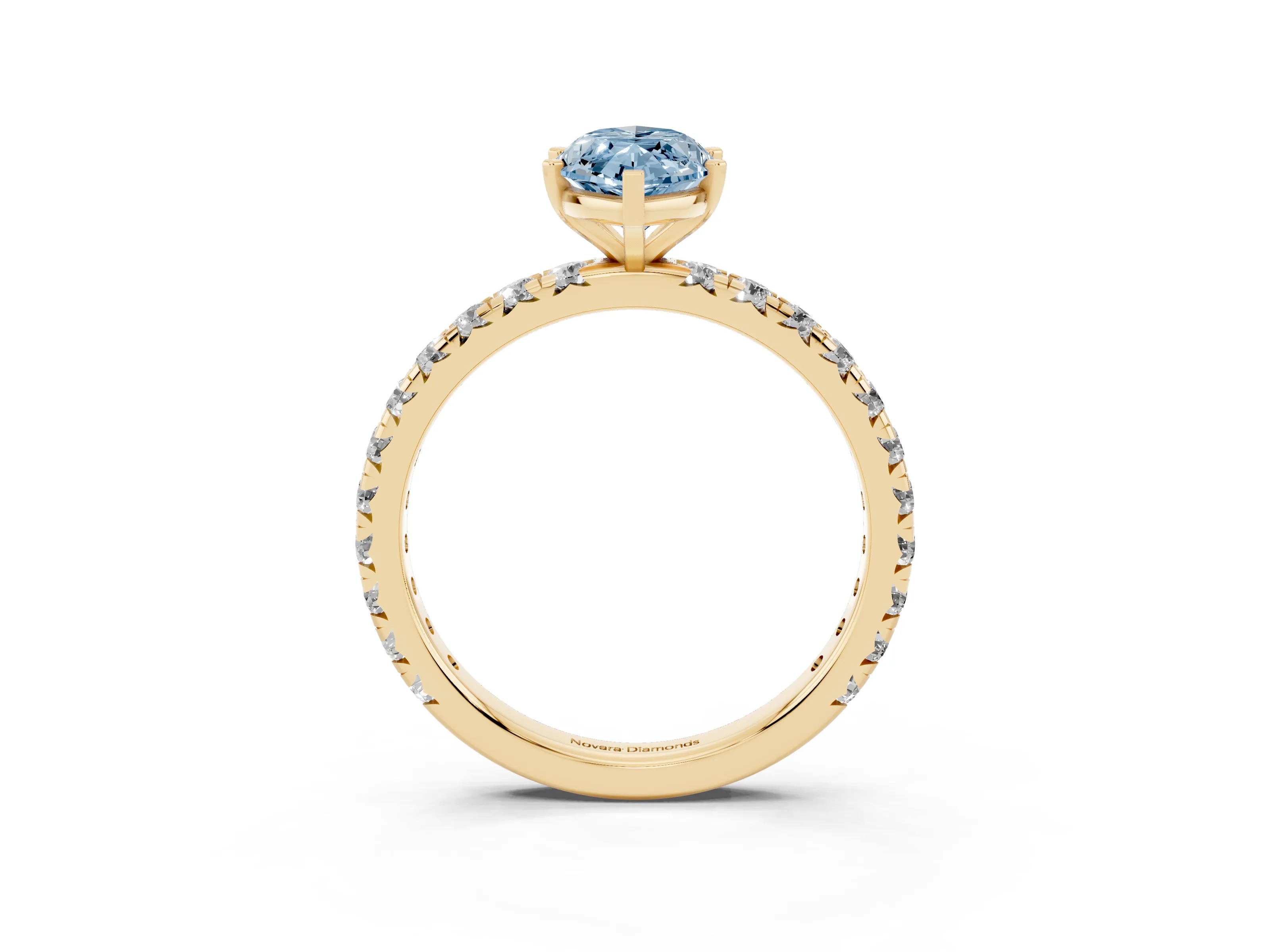 Fancy Blue Marquise Cut Diamond Pavé Solitaire Ring Set in Yellow gold with Round Band and Prong Setting