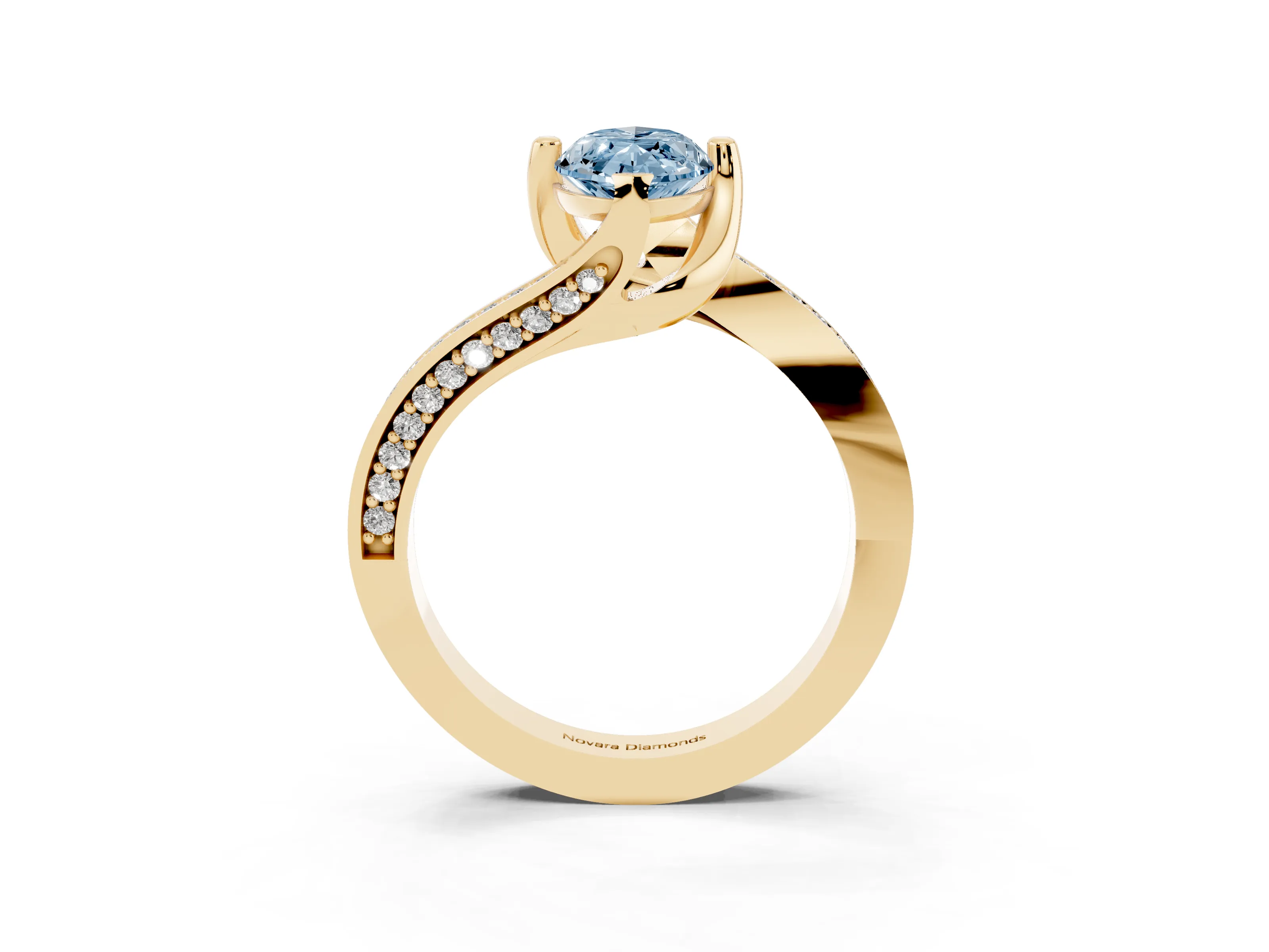 Fancy Blue Marquise Cut Diamond Solitaire Ring Set in Yellow gold with Intertwined Pavé Twist Band