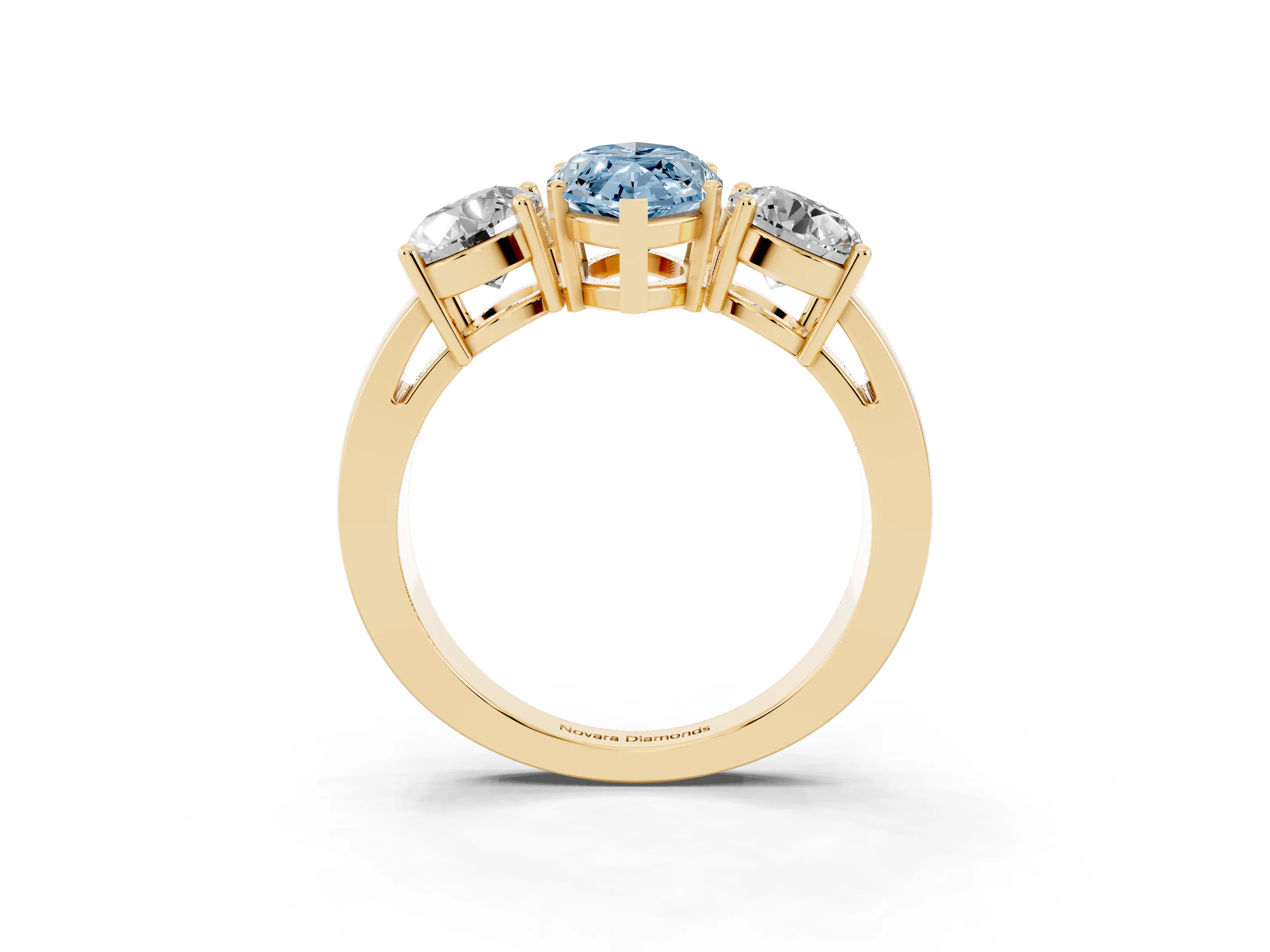 Fancy Blue Marquise Cut Diamond Three-Stone Ring Set in Yellow gold with Round Side Stones and Classic Band