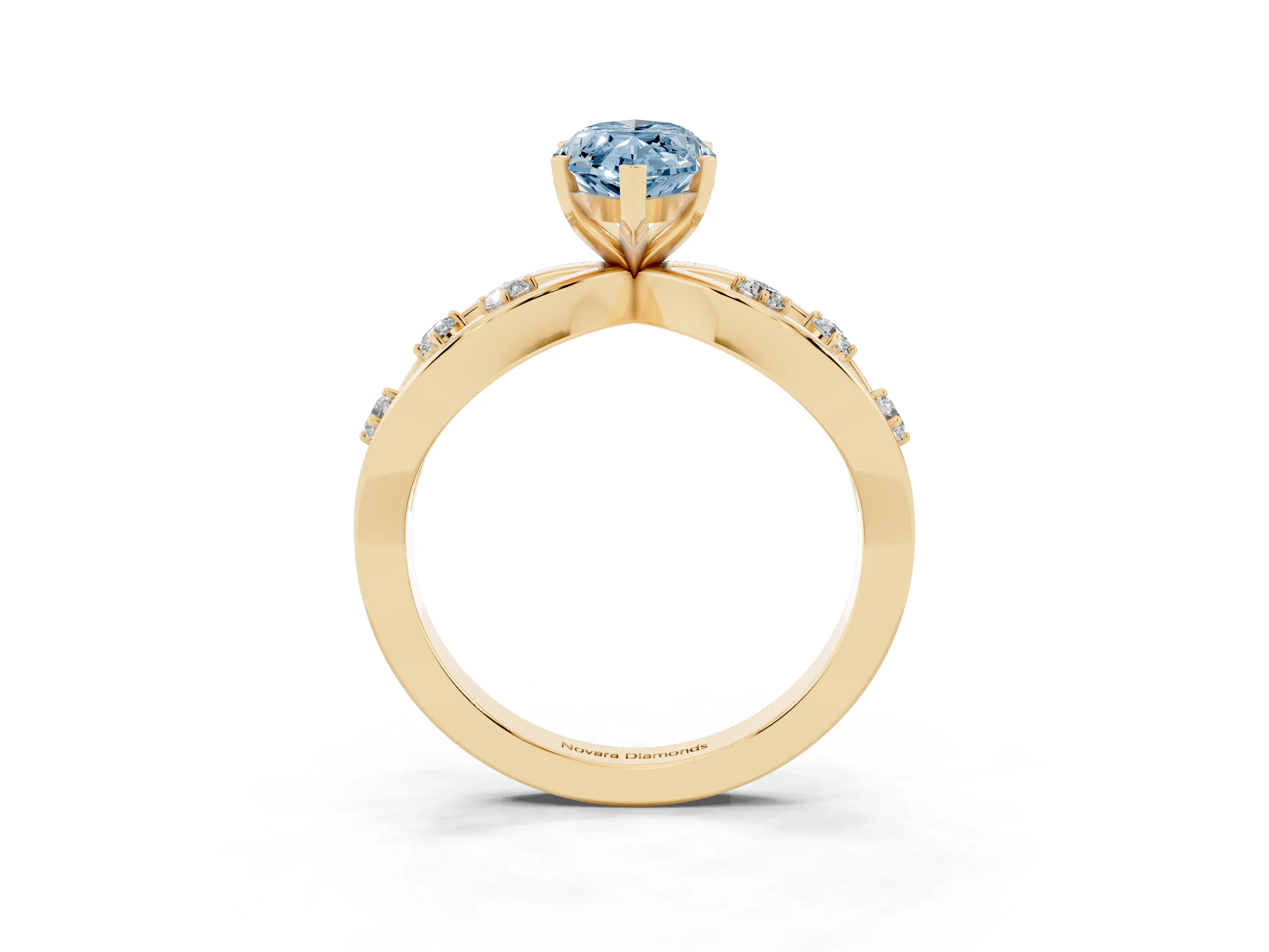 Fancy Blue Marquise Cut Diamond Solitaire Ring Set in Yellow gold with Side Stones on Criss-Cross Band and Prong Setting