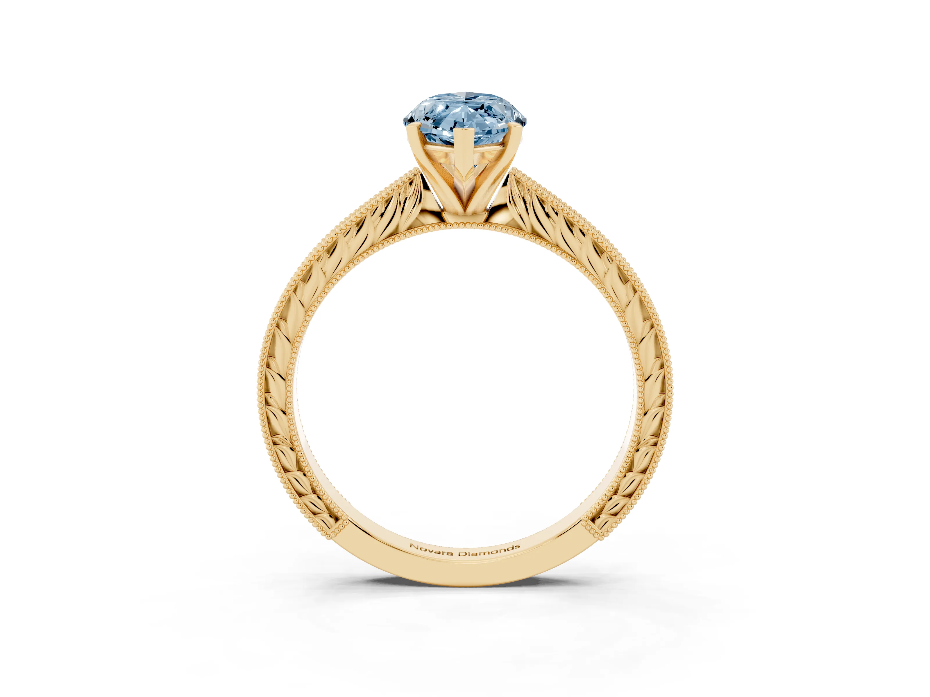 Fancy Blue Marquise Cut Diamond Solitaire Milgrain Engraved Band Set in Yellow gold with Prong Setting
