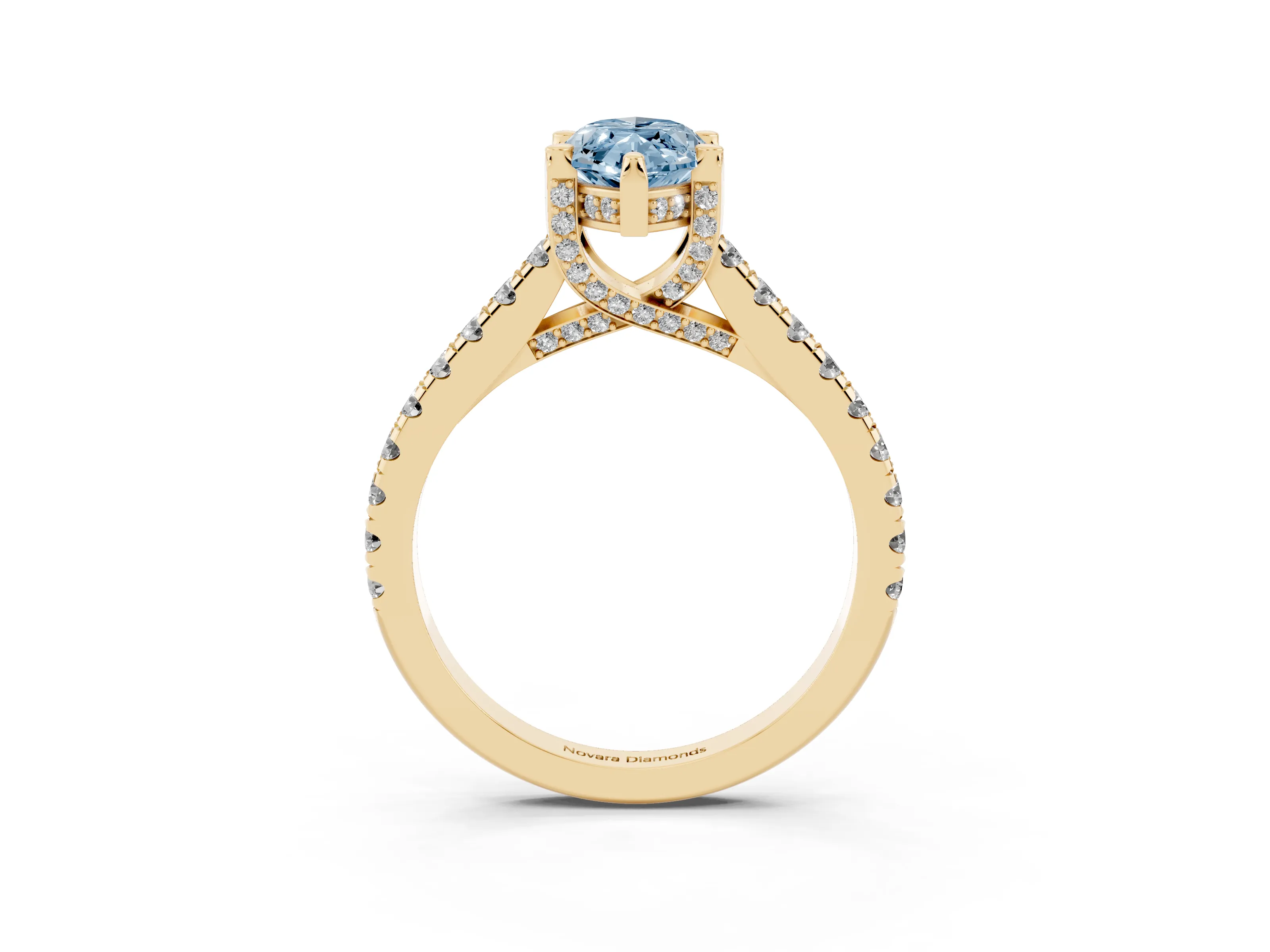 Fancy Blue Marquise Cut Diamond Solitaire Ring Set in Yellow gold with Brilliant Pavé Band and Prong Setting