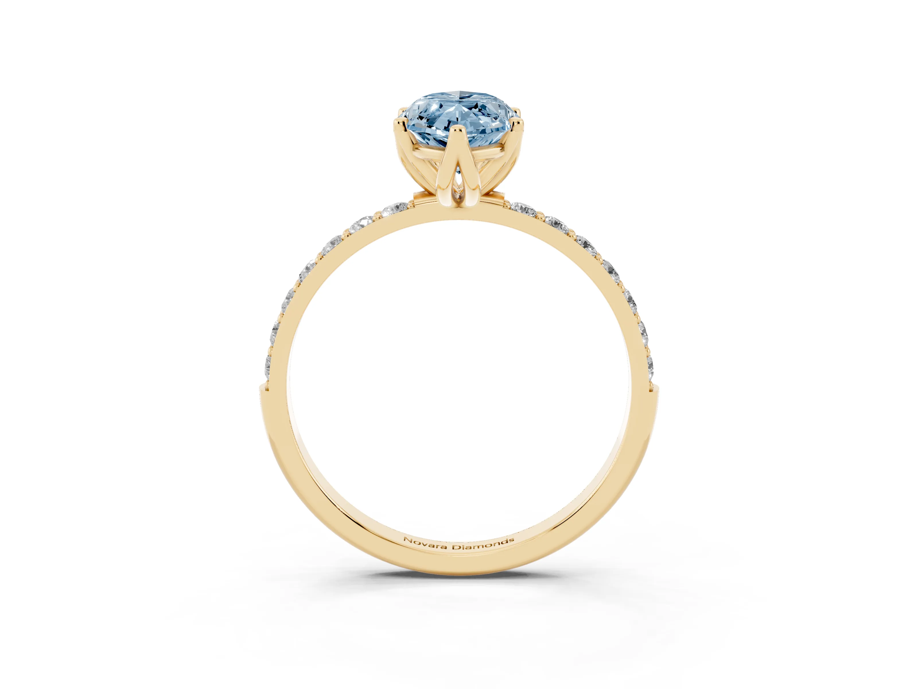 Fancy Blue Marquise Cut Diamond Solitaire Engagement Ring Set in Yellow gold with Round Pavé Band and Prong Setting