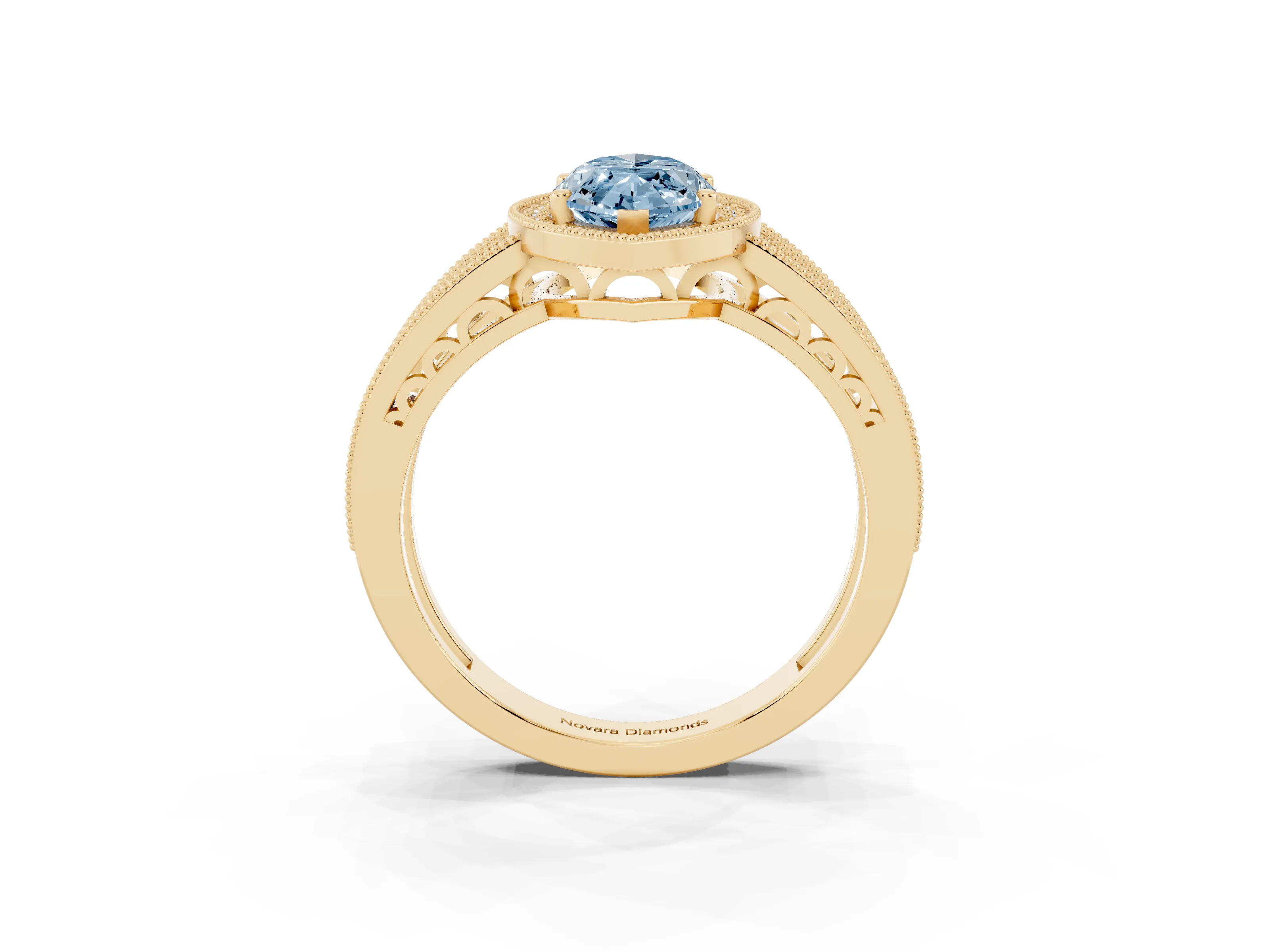 Fancy Blue Marquise Cut Diamond Halo Ring Set in Yellow gold with Accent Split Shank and Prong Setting