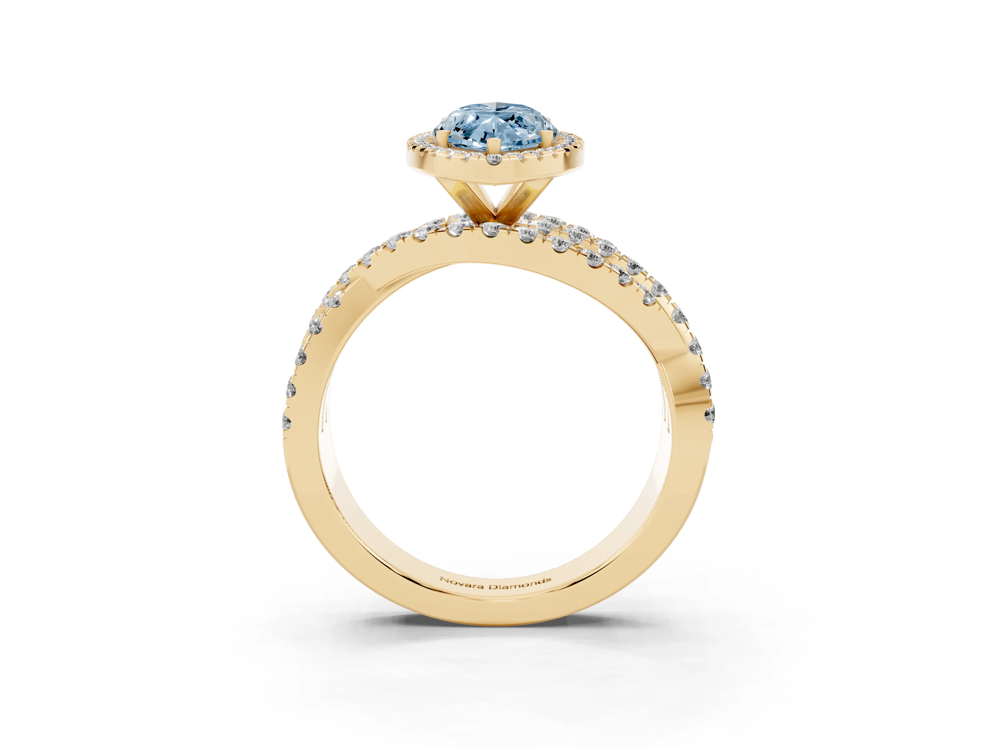 Fancy Blue Marquise Cut Diamond Halo Ring Set in Yellow gold with Round Crossover Split Shank and Prong Setting