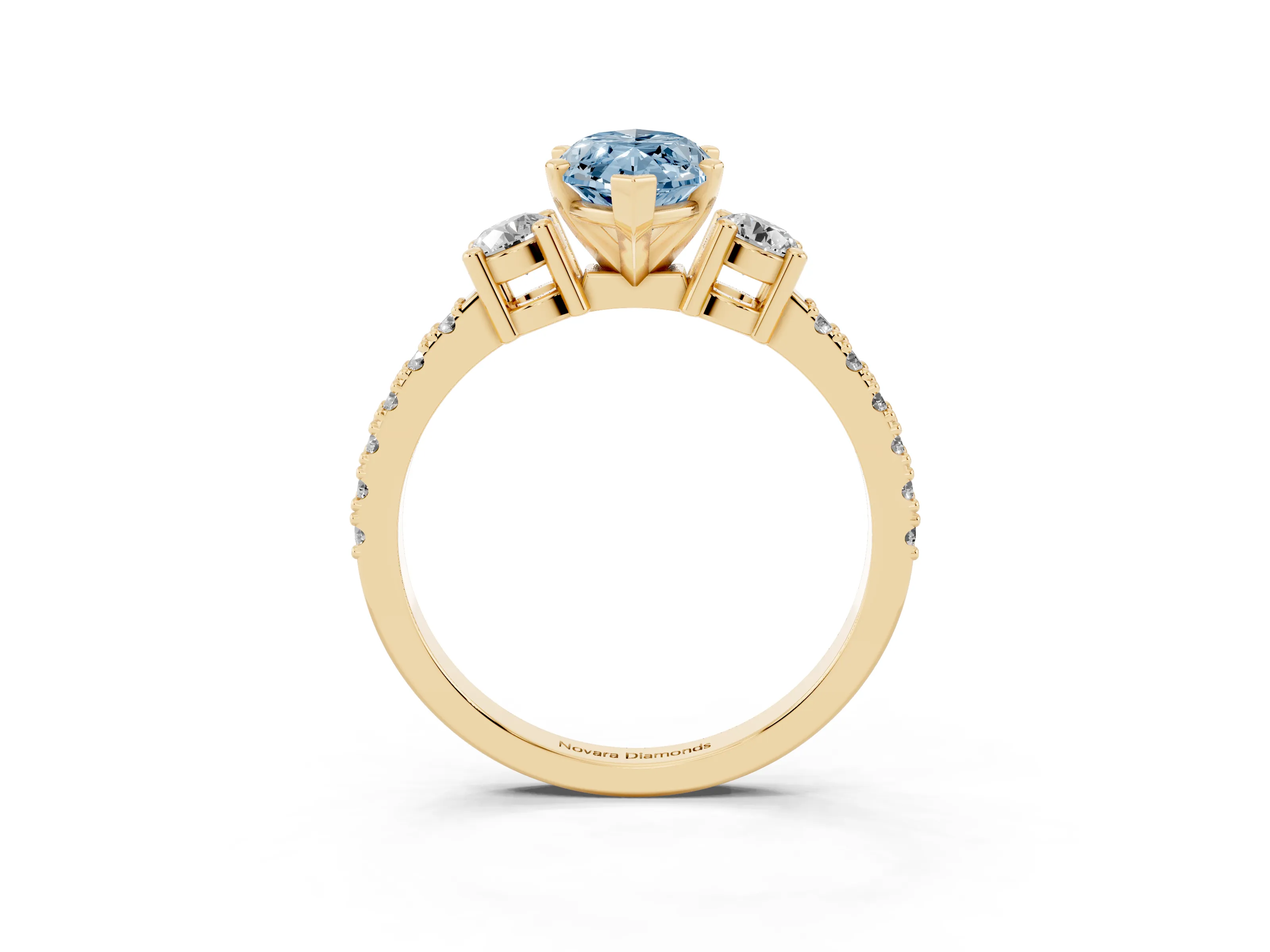 Fancy Blue Three-Stone Marquise Cut Diamond Pavé Band Ring Set in Yellow gold with Prong Setting