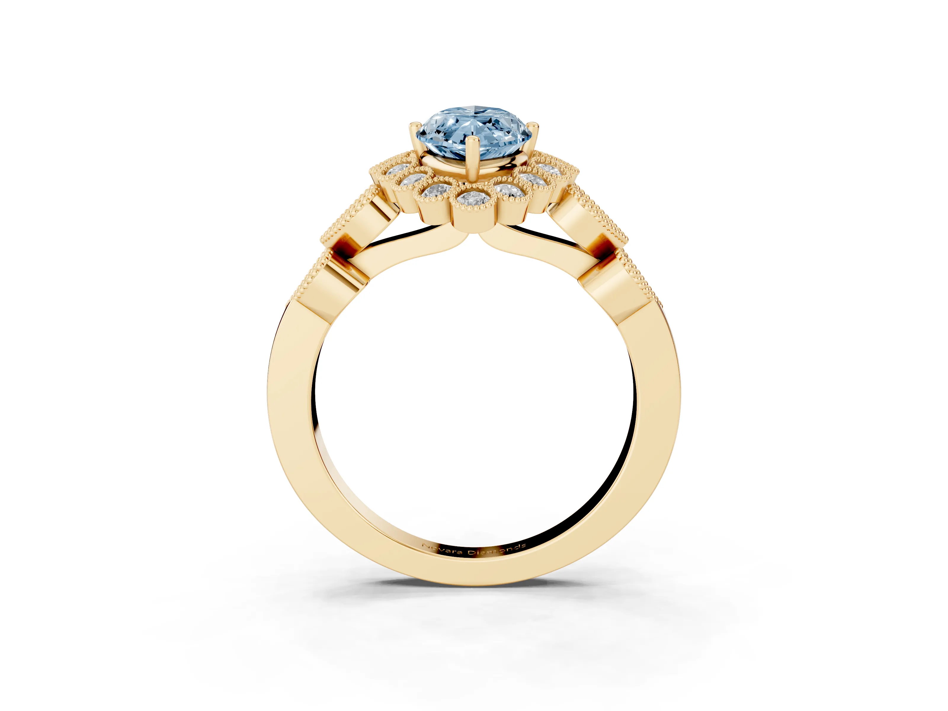 Fancy Blue Marquise Cut Diamond Solitaire Ring Set in Yellow gold with Milgrain Pavé Heart Band
