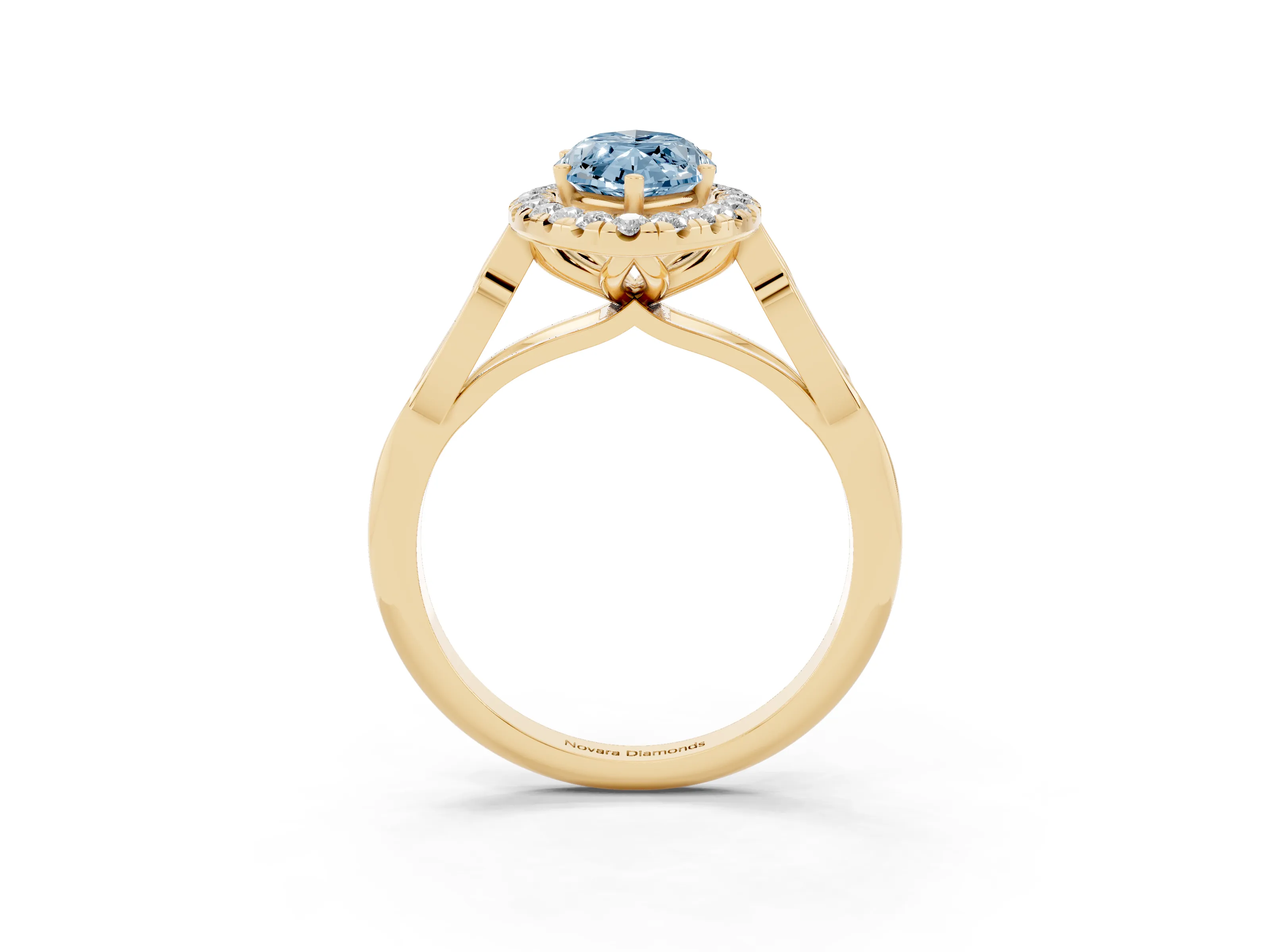 Fancy Blue Marquise Cut Diamond Halo Engagement Ring Set in Yellow gold with Filigree Band and Prong-Set Center