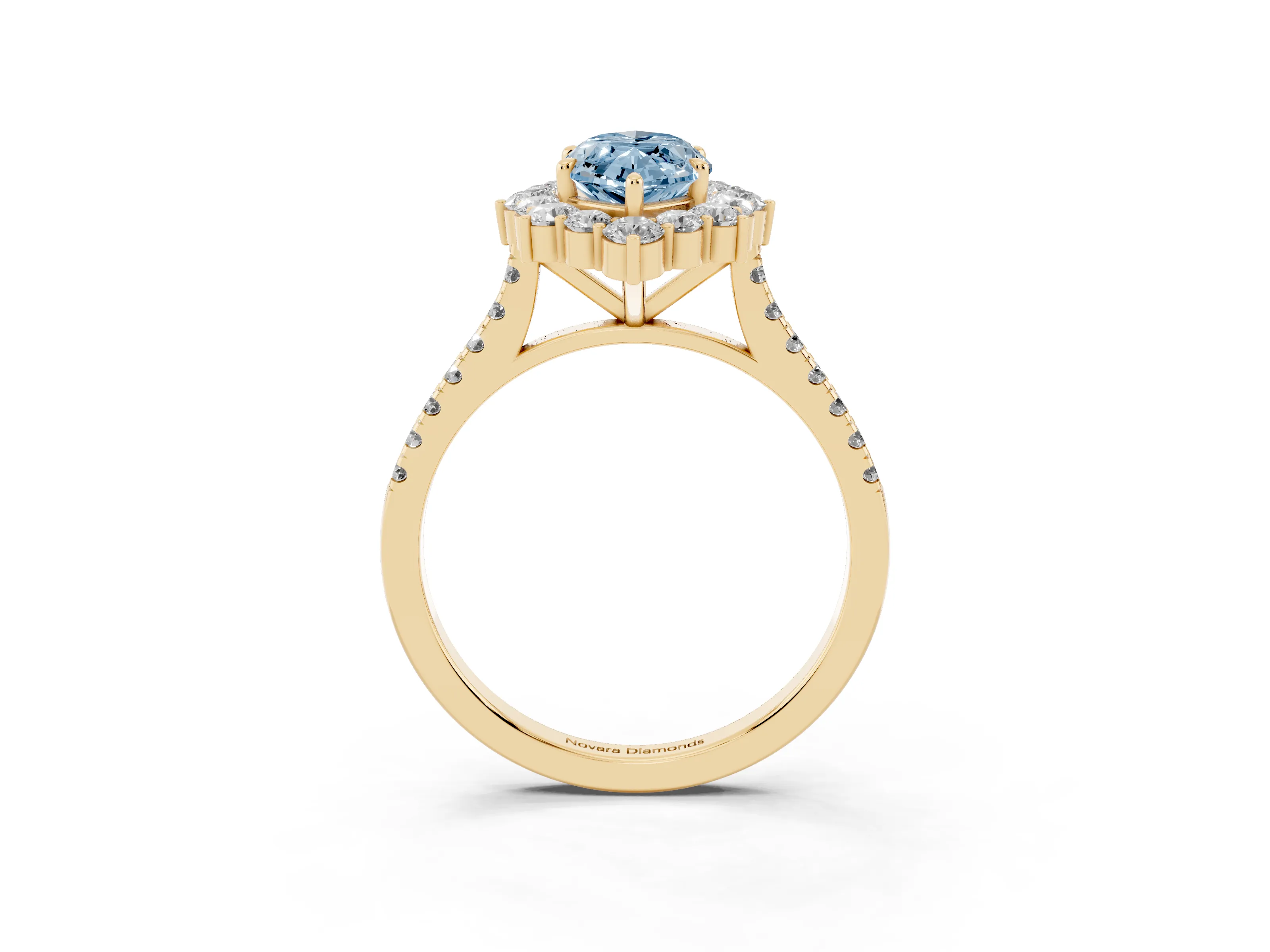 Fancy Blue Marquise Cut Diamond Halo Ring Set in Yellow gold with Pavé Band and Prong Setting