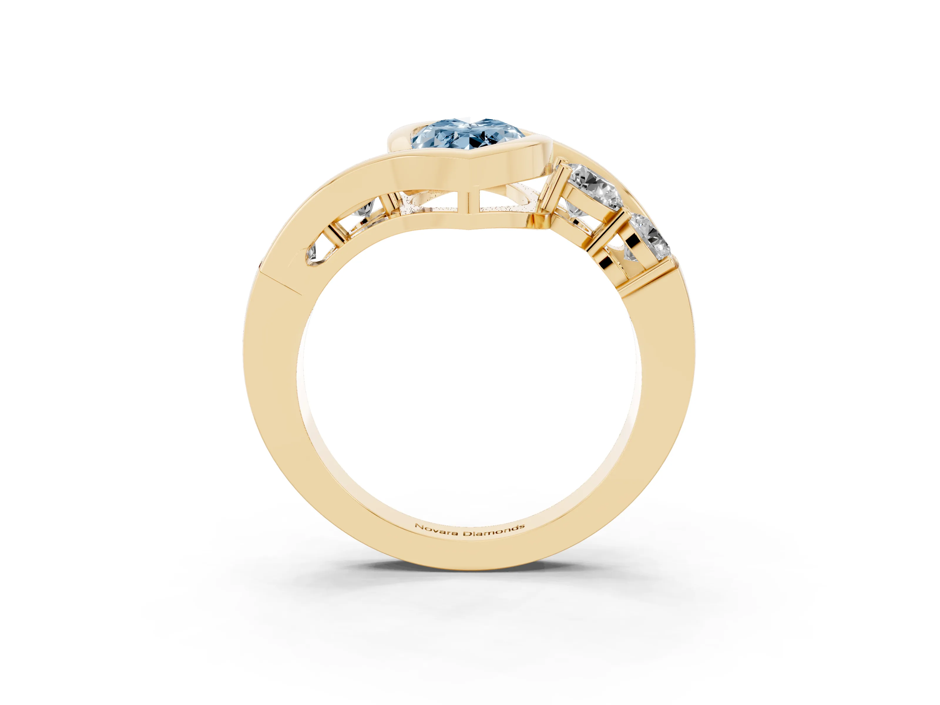 Fancy Blue Marquise Cut Diamond Bezel Bypass Ring Set in Yellow gold with Round Accents