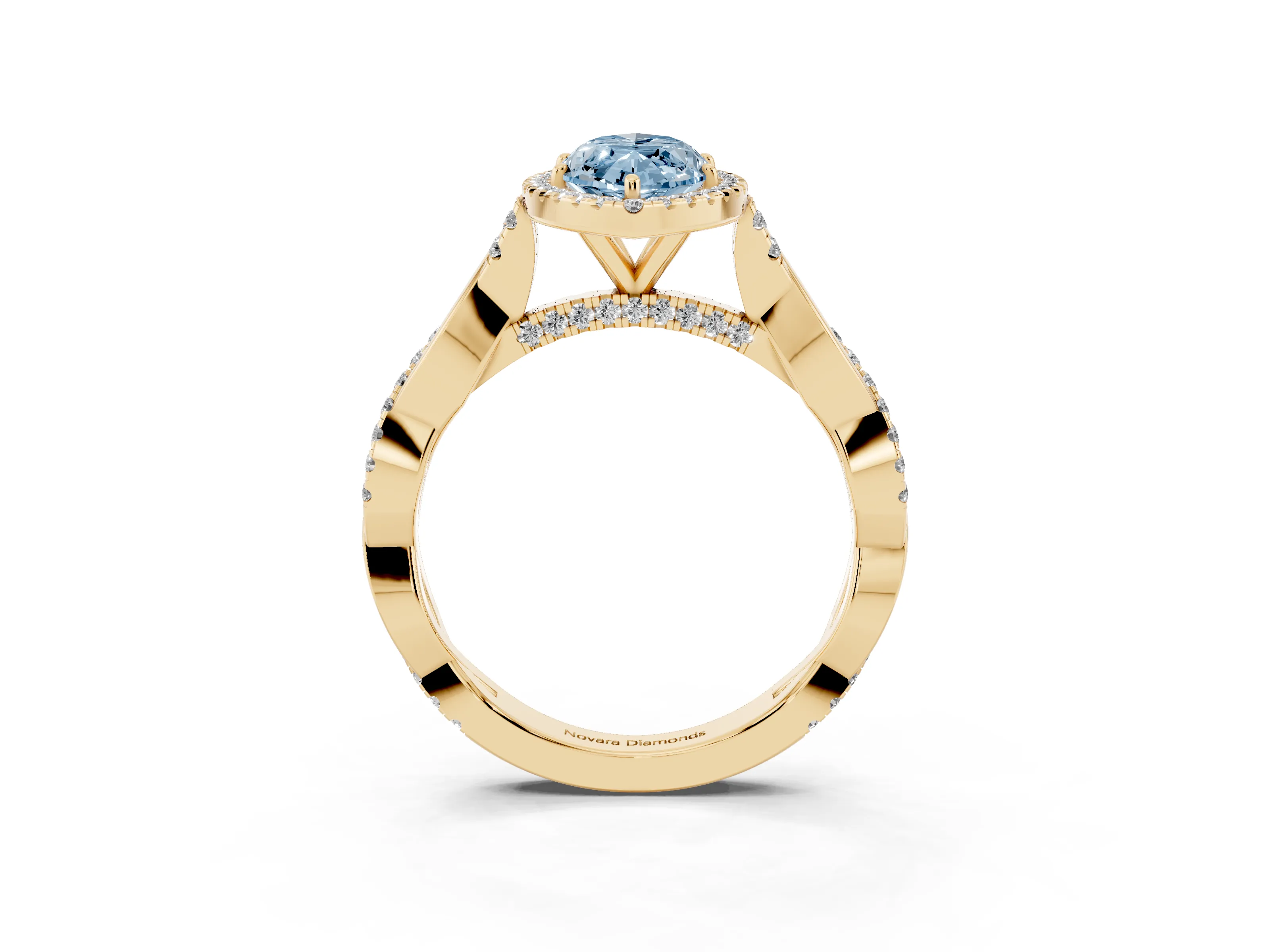 Fancy Blue Marquise Cut Diamond Halo Twist Band Solitaire Ring Set in Yellow gold with Prong Setting