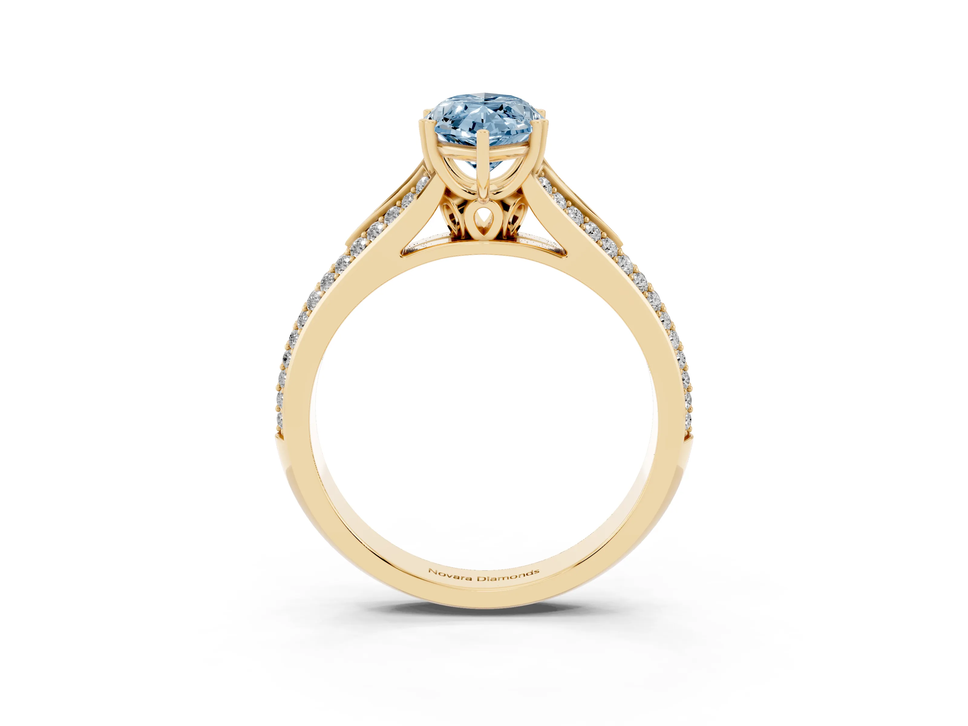 Fancy Blue Marquise Cut Diamond Split Shank Pavé Engagement Ring Set in Yellow gold with Prong-Set Center Stone