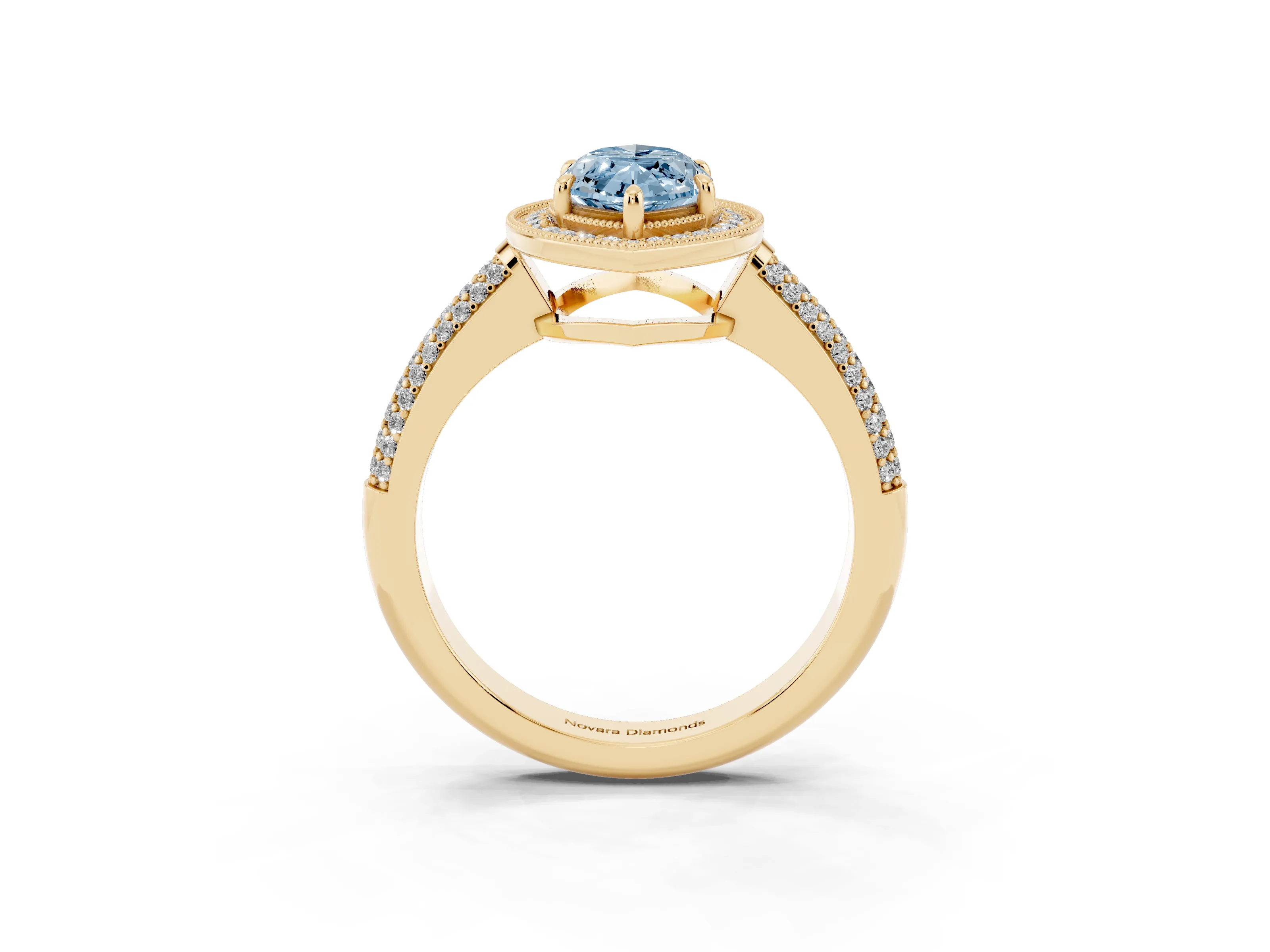 Fancy Blue Marquise Cut Diamond Halo Pavé Band Set in Yellow gold with Prong Setting