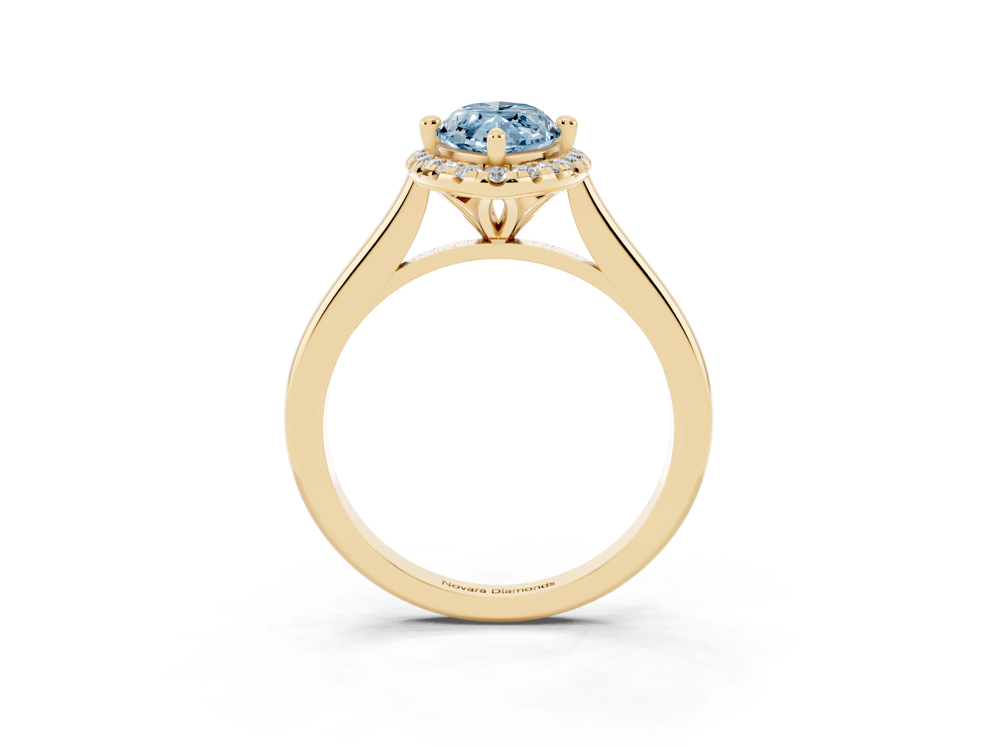 Fancy Blue Marquise Cut Diamond Halo Engagement Ring Set in Yellow gold with Pavé Band and Rising Shoulders